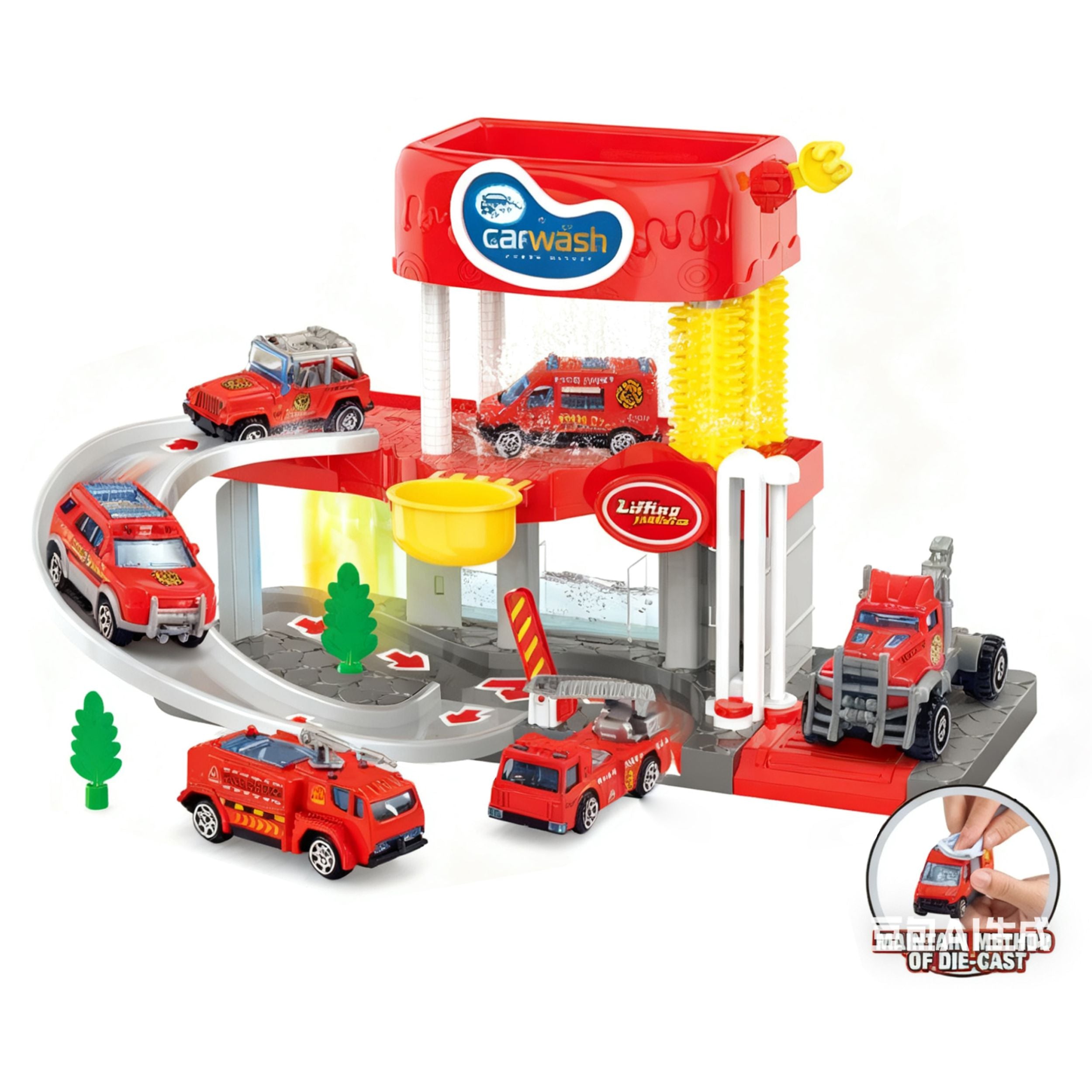 Chanak Fire Truck Car Wash Playset For Kids | 2-Layer Sliding Track With Lights, Music & Sound | Simulated Water Wash, Lifting Platform & Alloy Die-Cast Vehicles | Educational Toy For Boys & Girls (Ages 3+)