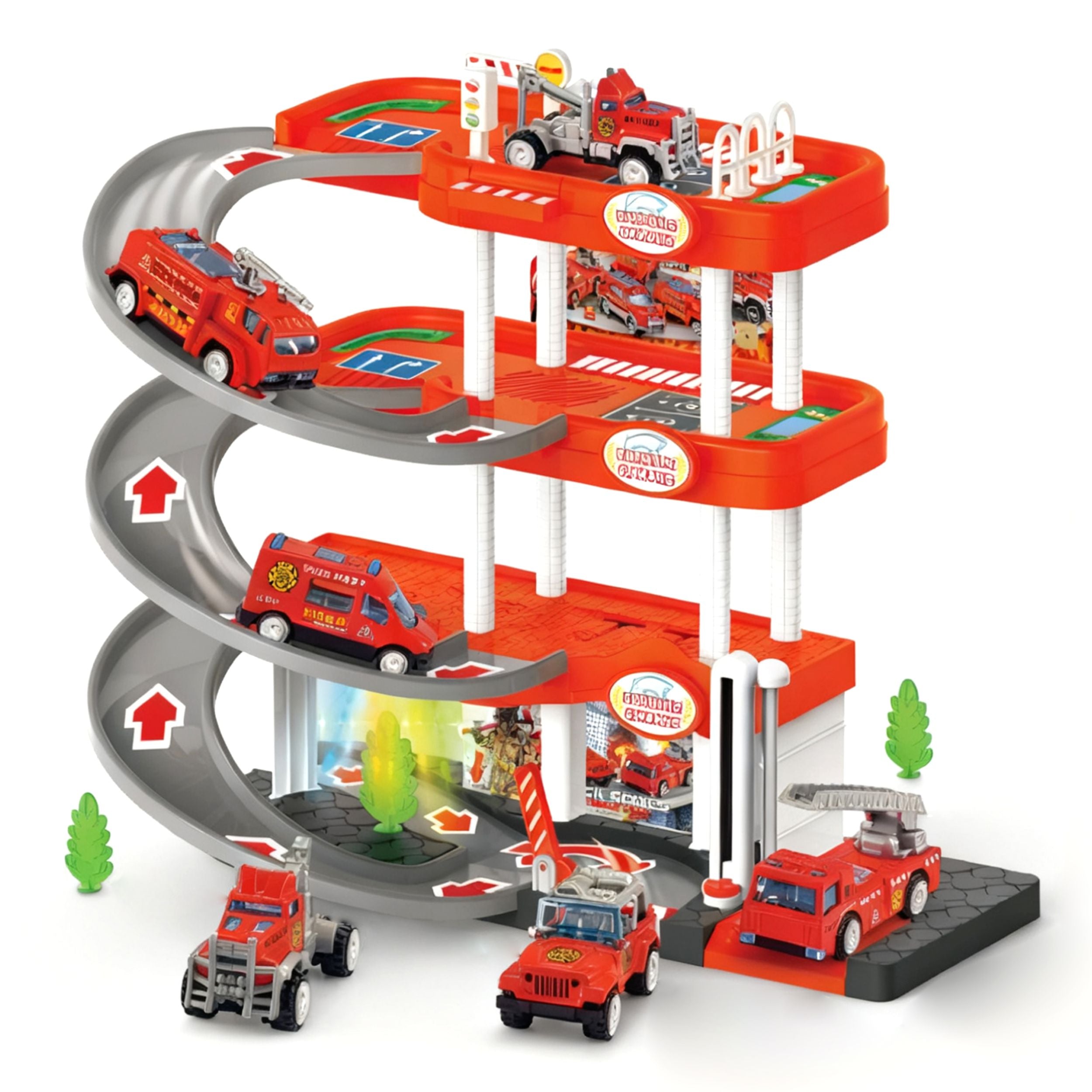 Chanak Alloy Fire Protection 4-Storey Parking Lot Playset | Die-Cast Car Garage Toy With Elevators, Ramps & Fire Station Theme | Educational & Pretend Play Toy For Kids