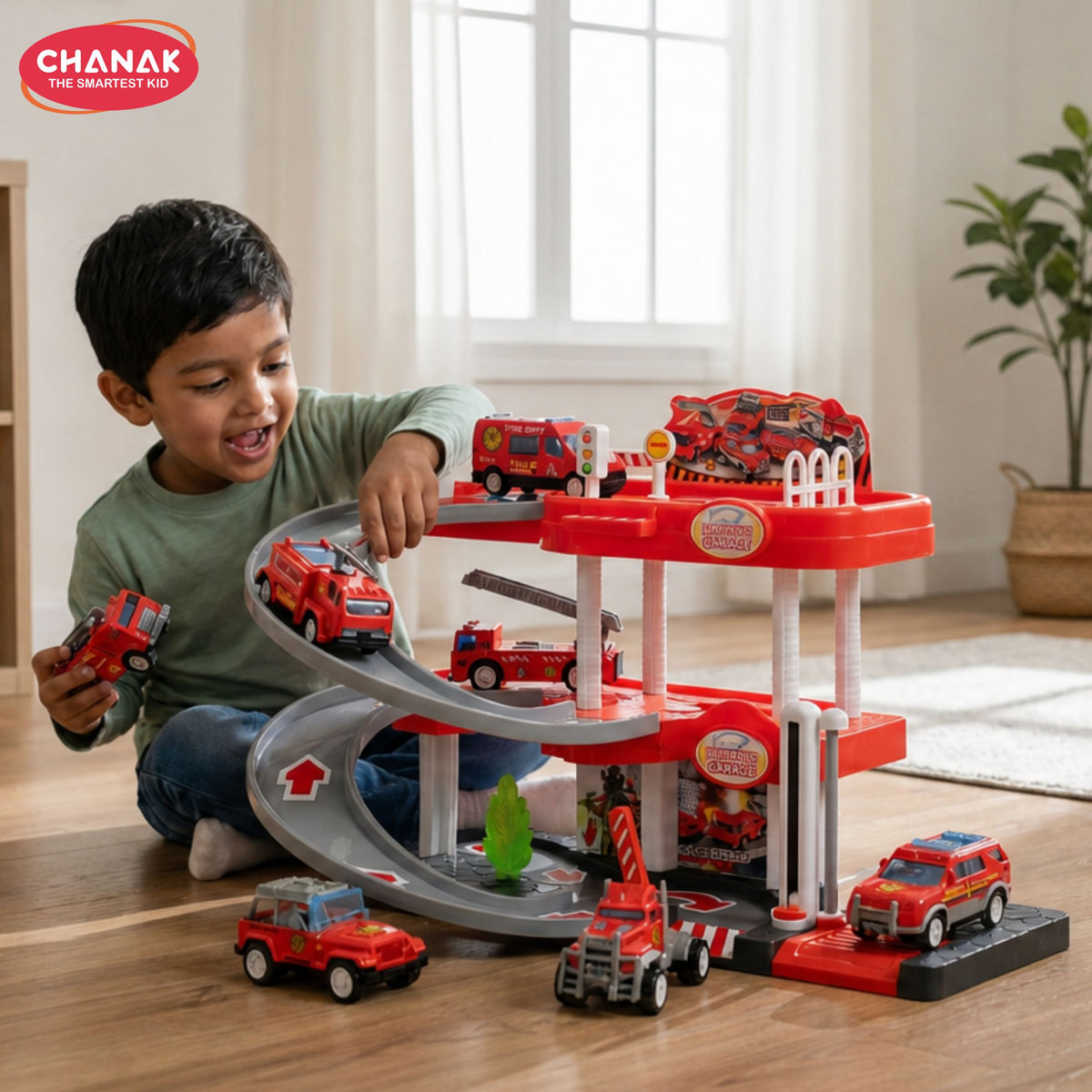 Chanak fire rescue parking garage playset for kids 2 layer sliding track with lights & sound includes die cast fire trucks, manual lift & fire station scene educational toy for boys & girls