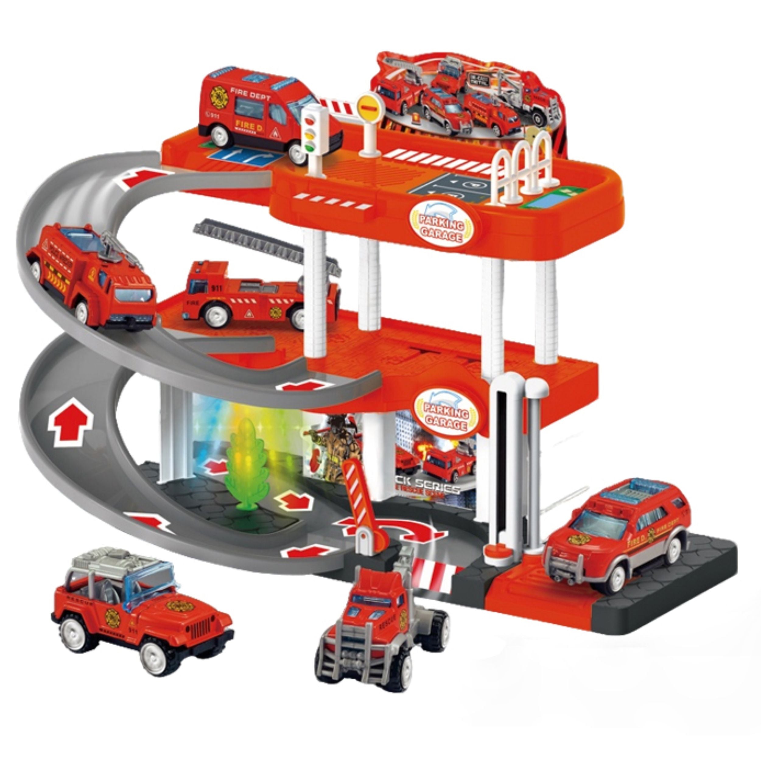 Chanak Fire Rescue Parking Garage Playset for Kids | 2-Layer Sliding Track with Lights & Sound | Includes Die-Cast Fire Trucks, Manual Lift & Fire Station Scene | Educational Toy for Boys & Girls