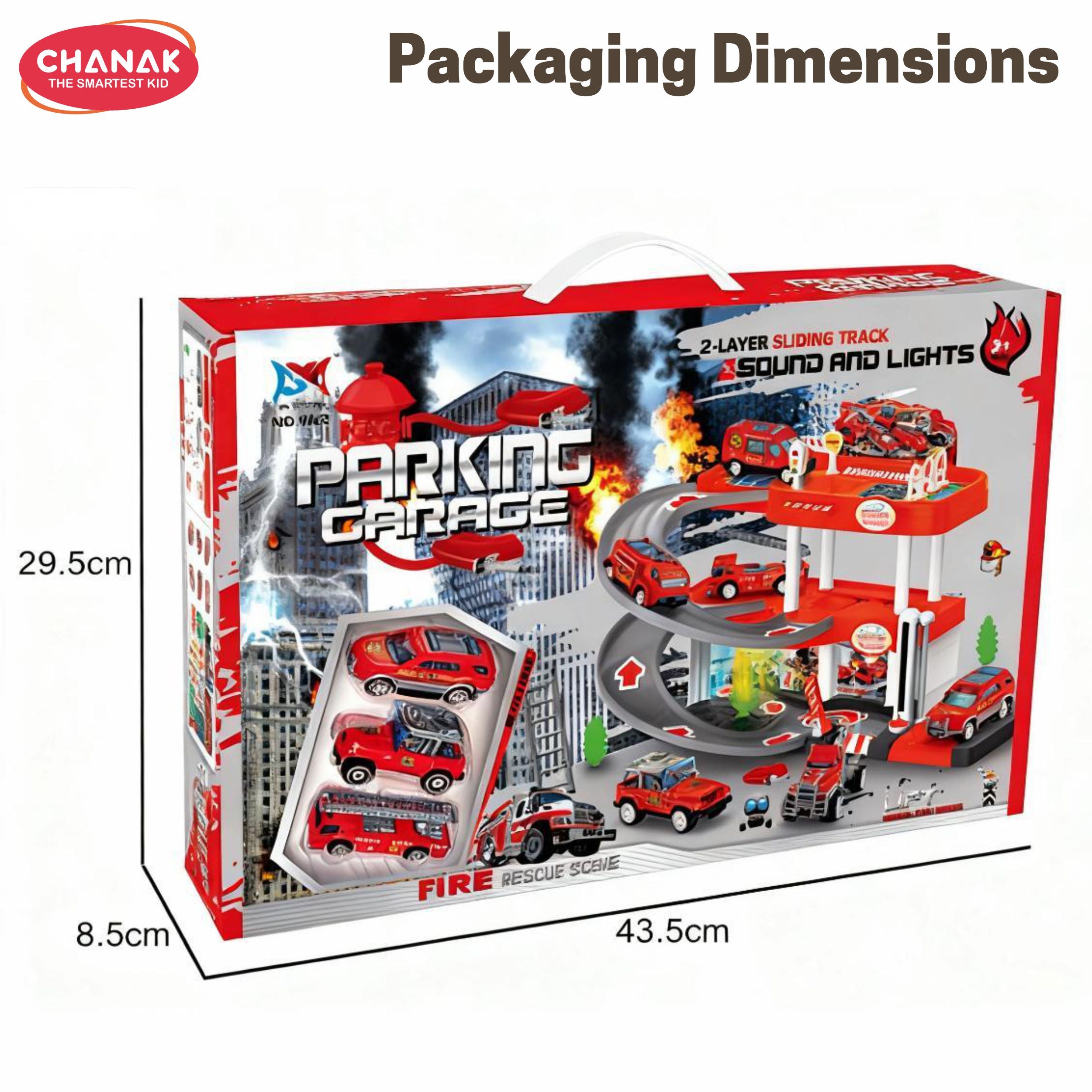 Chanak Fire Rescue Parking Garage Playset for Kids | 2-Layer Sliding Track with Lights & Sound | Includes Die-Cast Fire Trucks, Manual Lift & Fire Station Scene | Educational Toy for Boys & Girls