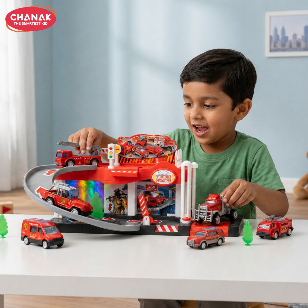 Chanak fire rescue parking garage playset for kids 1 layer sliding track with lights & sound includes die cast fire trucks, manual lift & fire station scene educational toy for boys & girls