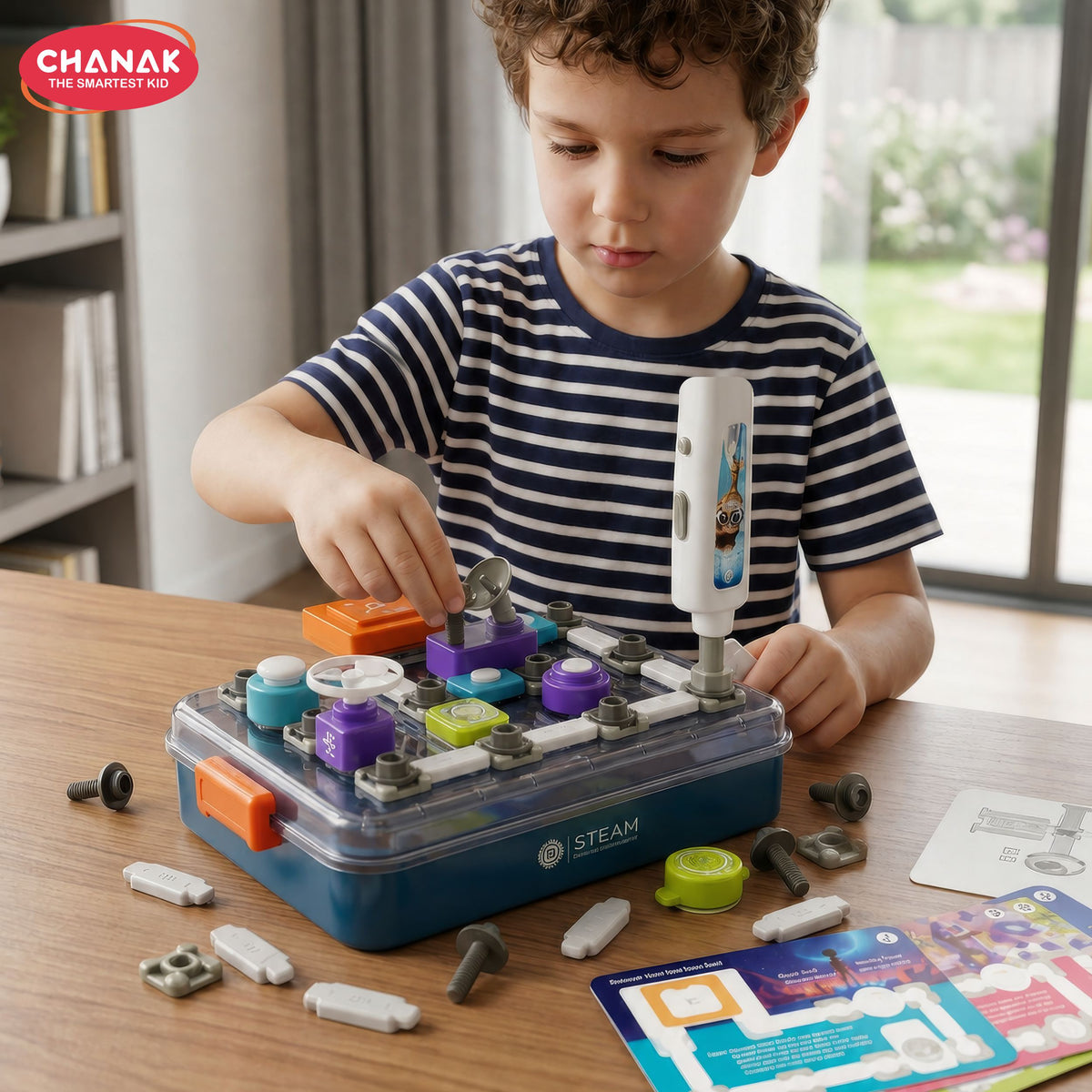 Chanak scientific circuits diy steam kit for kids, 46 pieces with 6 experiment cards & 2 mixed sets, educational electric circuit learning toy with light, fan & switch modules