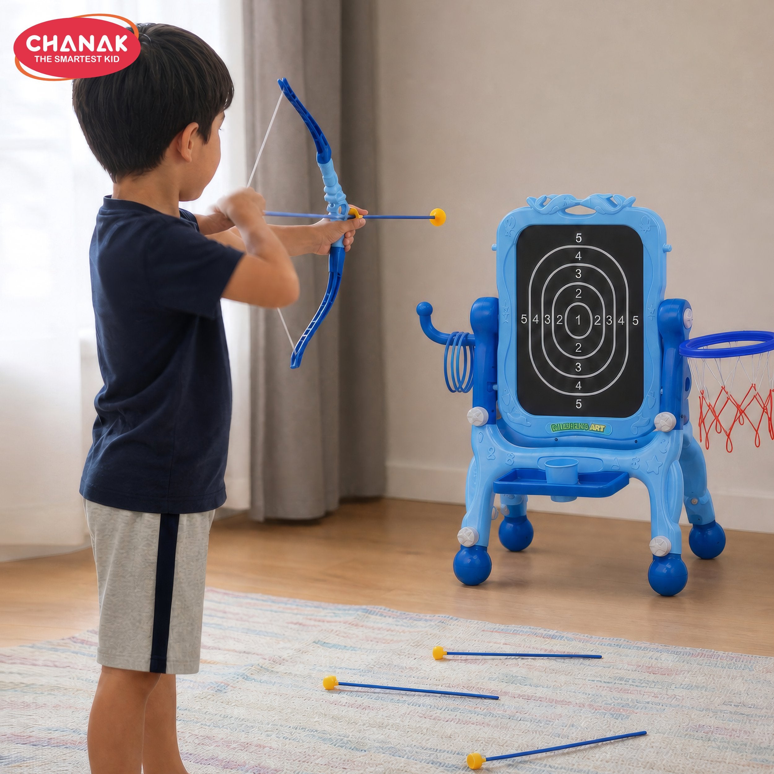 Chanak 4 in 1 multi function sketchpad & sports board set for kids drawing easel, basketball game, ring toss & archery set with accessories magnetic whiteboard art and learning toy 3+ years