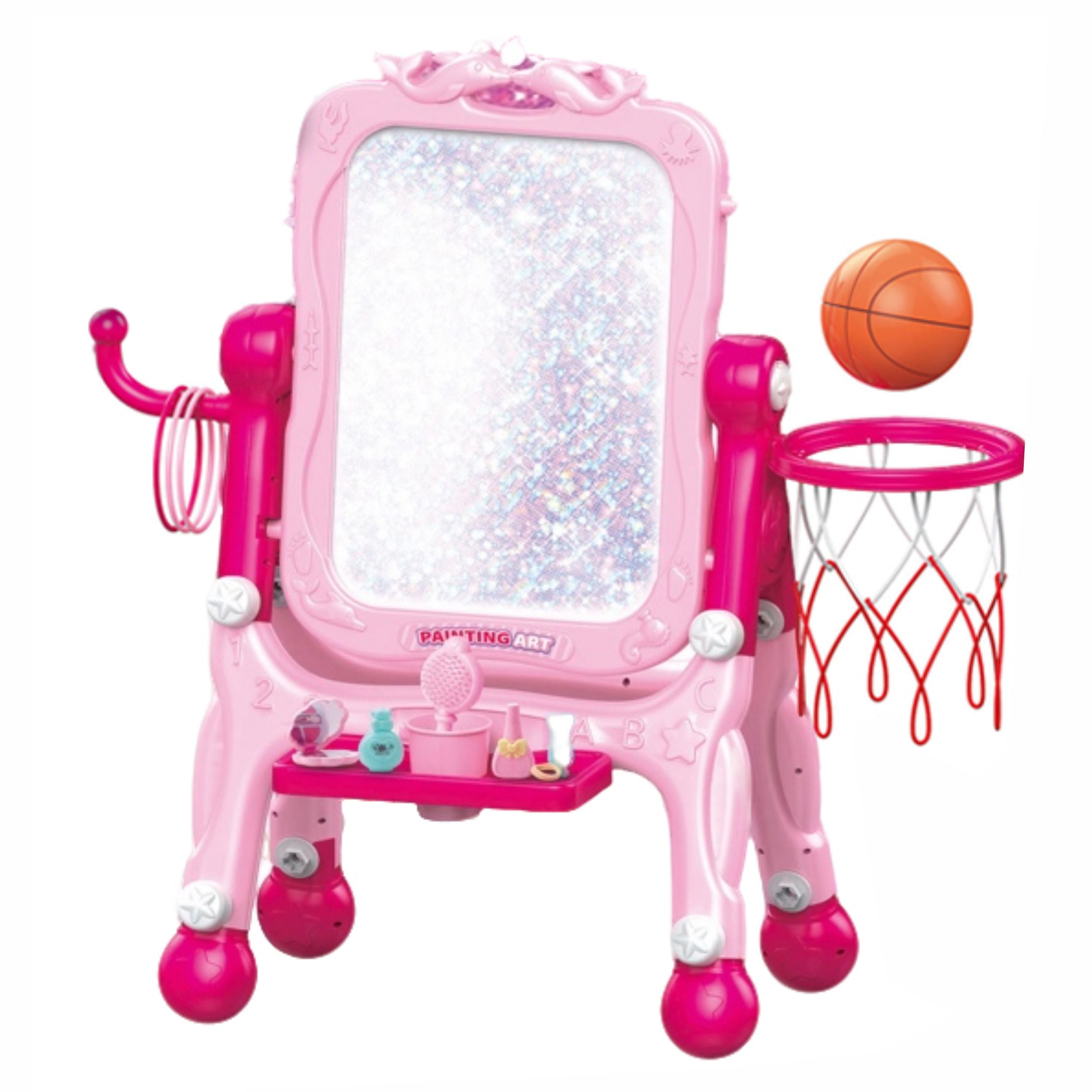 Chanak 4 in 1 multi function dresser & sketchpad playset for girls makeup vanity with mirror, drawing board, basketball, and accessories educational pretend play set for kids ages 3+