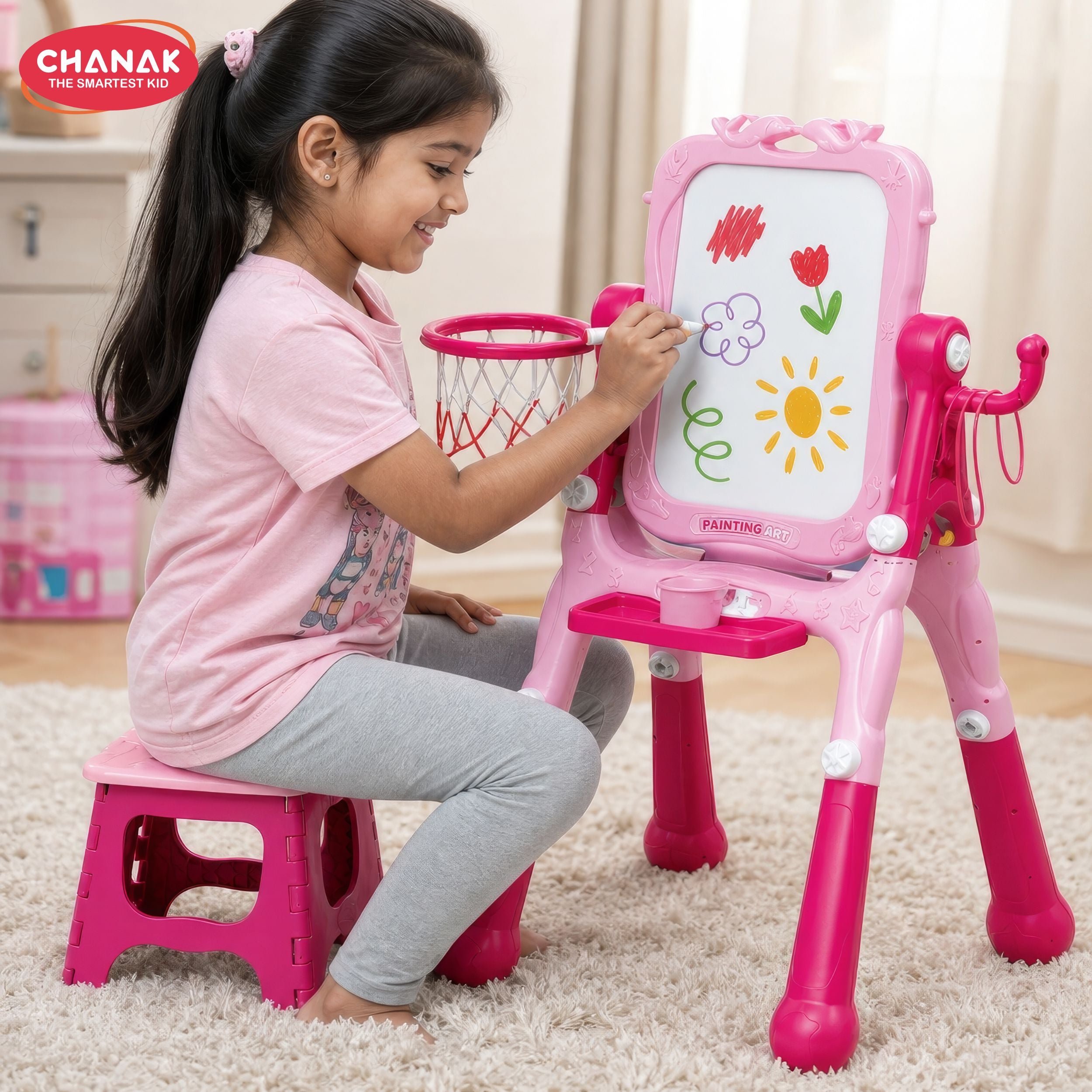 Chanak upright long legged double sided writing board with chair for kids 4-in-1 magnetic whiteboard & chalkboard set foldable easel stand with storage tray (color as per availability)