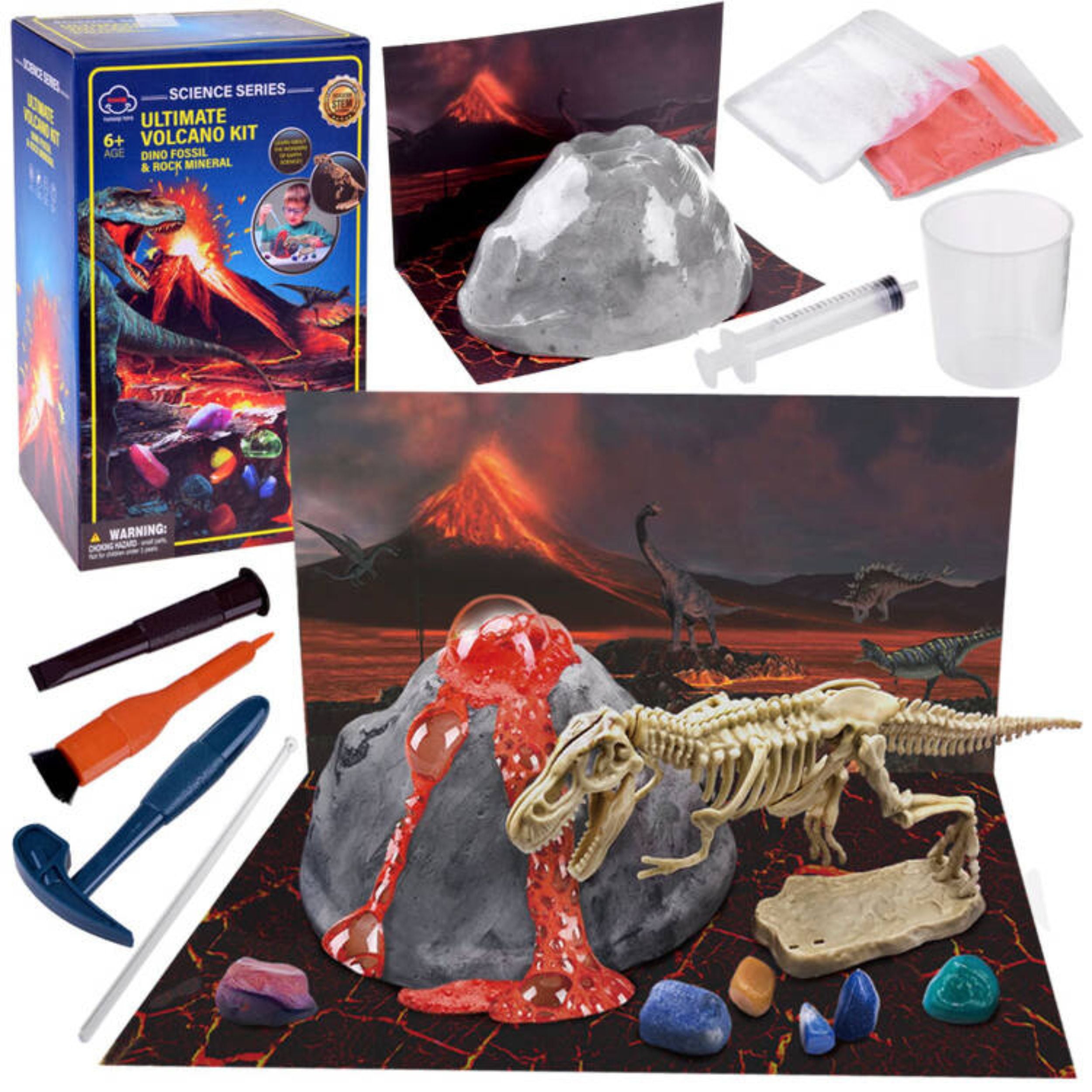 Chanak ultimate volcano science kit for kids, diy erupting volcano with dino fossil & rock mineral dig kit educational stem toy for boys & girls learn geology, chemistry & paleontology