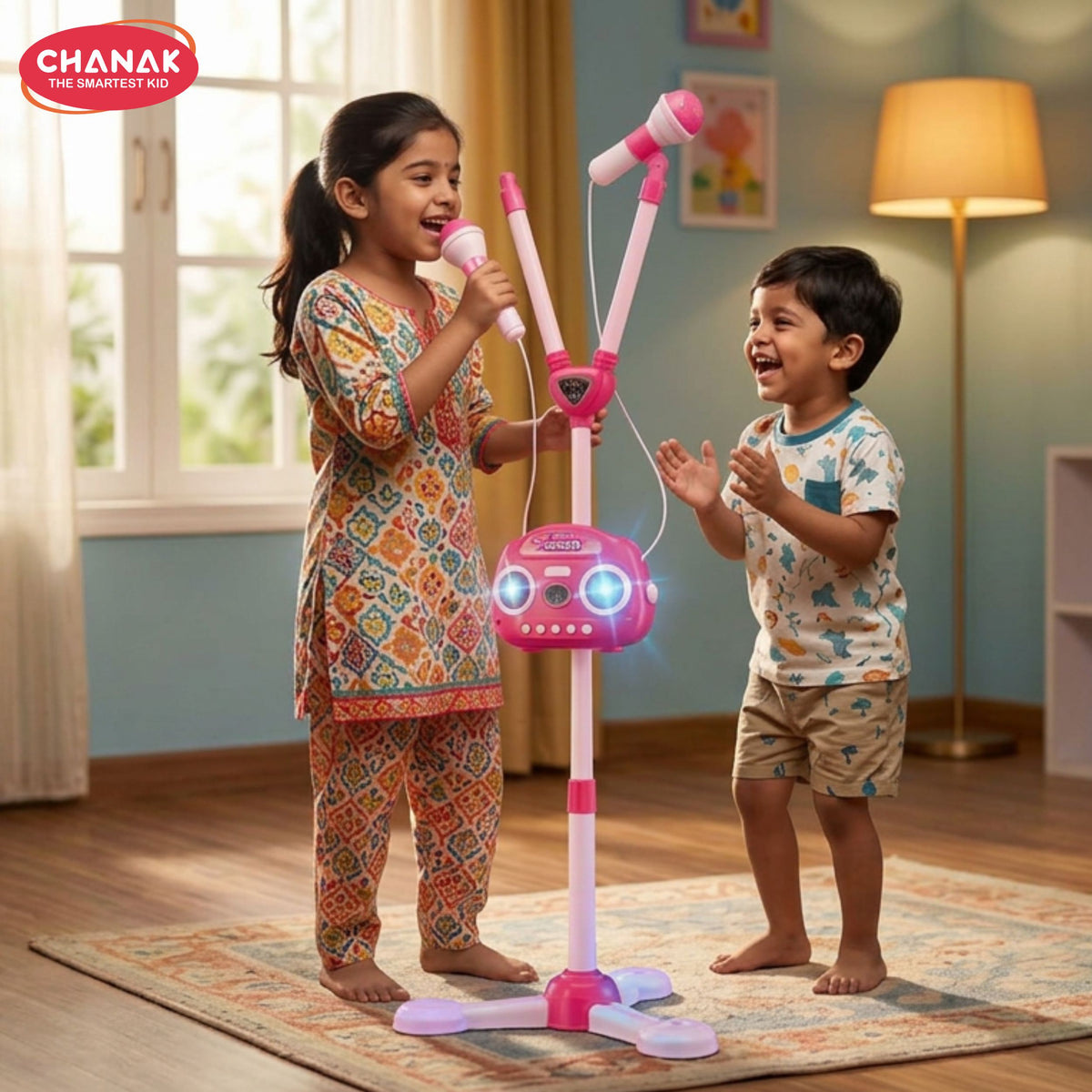Chanak smart singer karaoke microphone set with dual mics & adjustable stand, bluetooth music speaker with lights, rechargeable singing toy for kids
