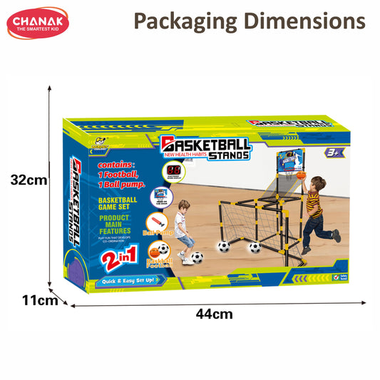 Chanak 2 in 1 basketball & football game set for kids indoor & outdoor sports playset with hoop, goal post, ball pump, football & basketball boys & girls ages 3+