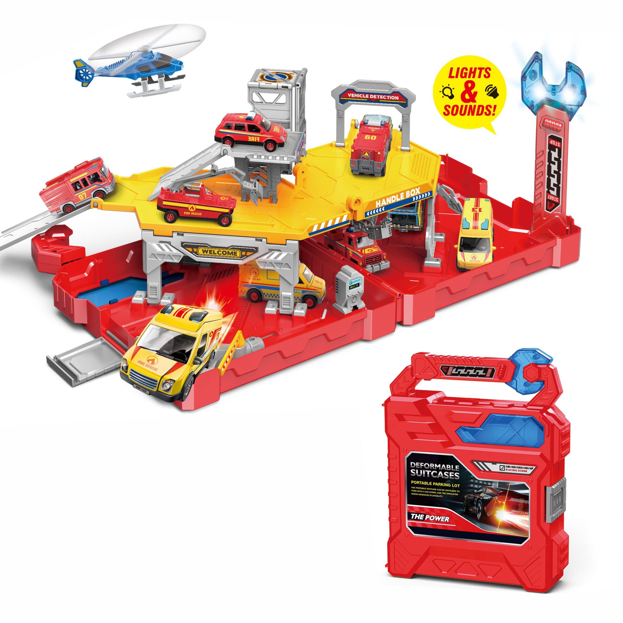 Chanak City Action Diy Racing Team Toolbox Transshape Playset With Lights & Sounds | Foldable Suitcase Garage With Die-Cast Cars, Ramp & Catapult Launcher For Kids 3+ Years