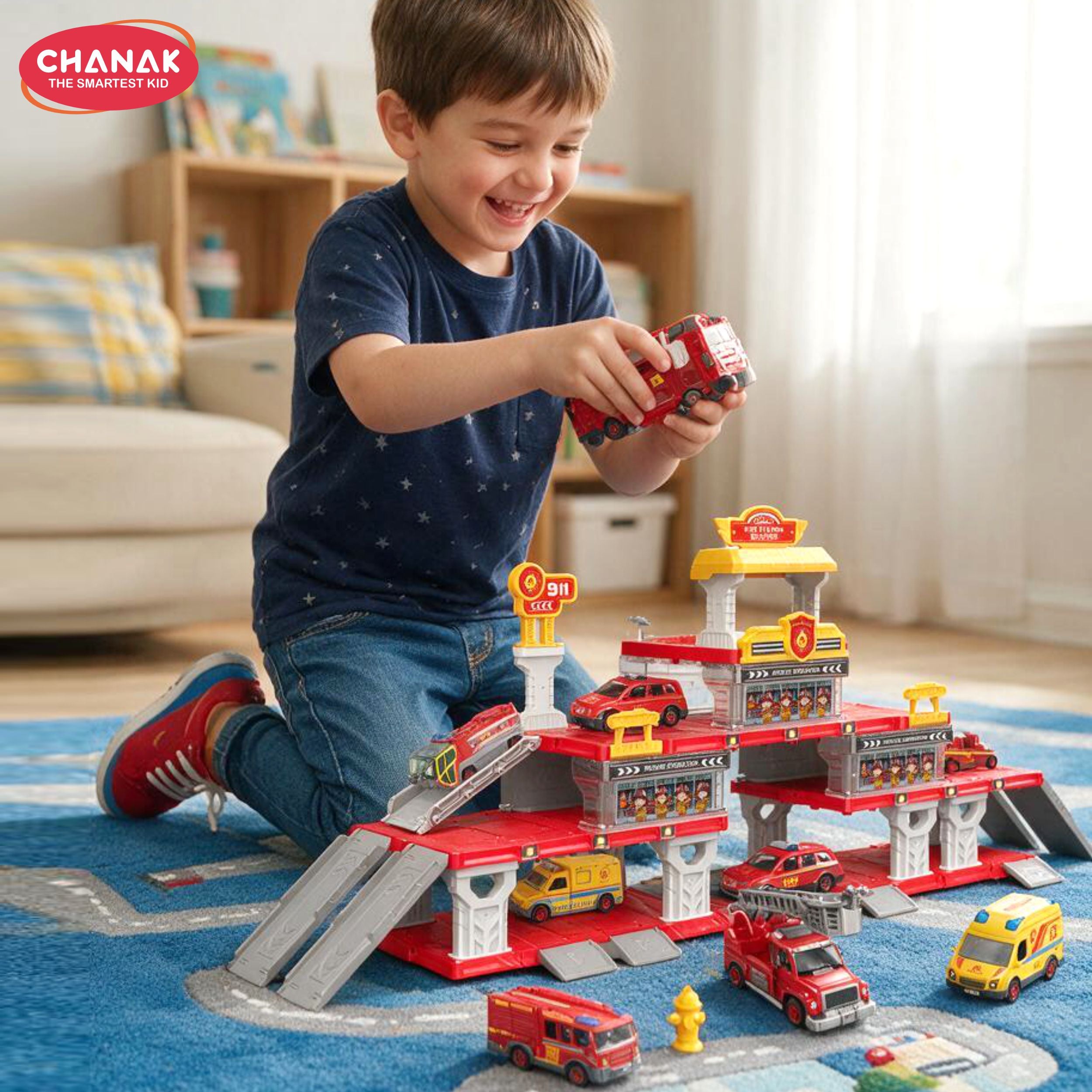 Chanak Fire Department 4-In-1 Parking Building Playset For Kids | Multi-Level Fire Station With Sliding Ramps, 2 Die-Cast Vehicles & Rescue Accessories | Easy Assembly | Educational Toy For Boys & Girls