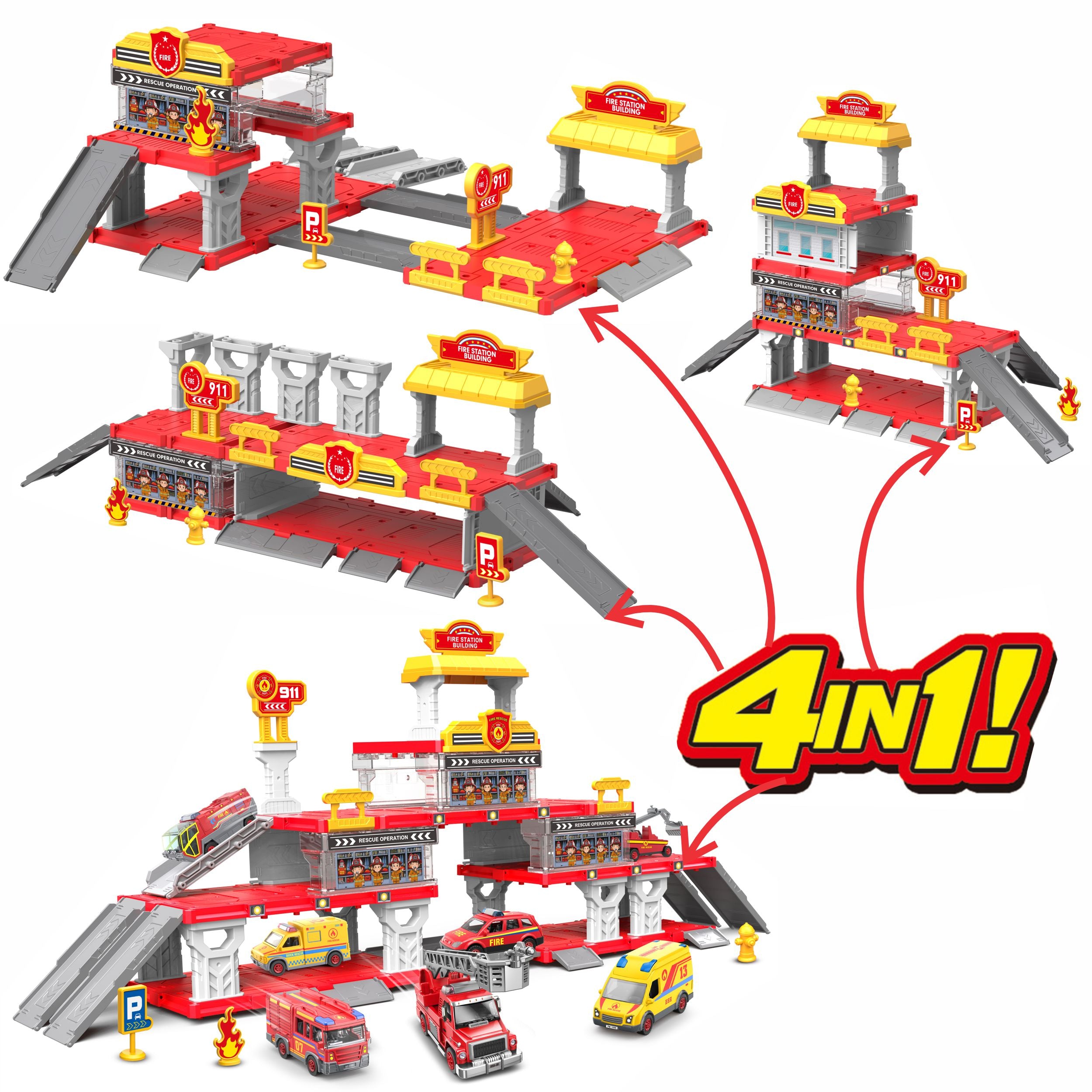 Chanak Fire Department 4-In-1 Parking Building Playset For Kids | Multi-Level Fire Station With Sliding Ramps, 2 Die-Cast Vehicles & Rescue Accessories | Easy Assembly | Educational Toy For Boys & Girls