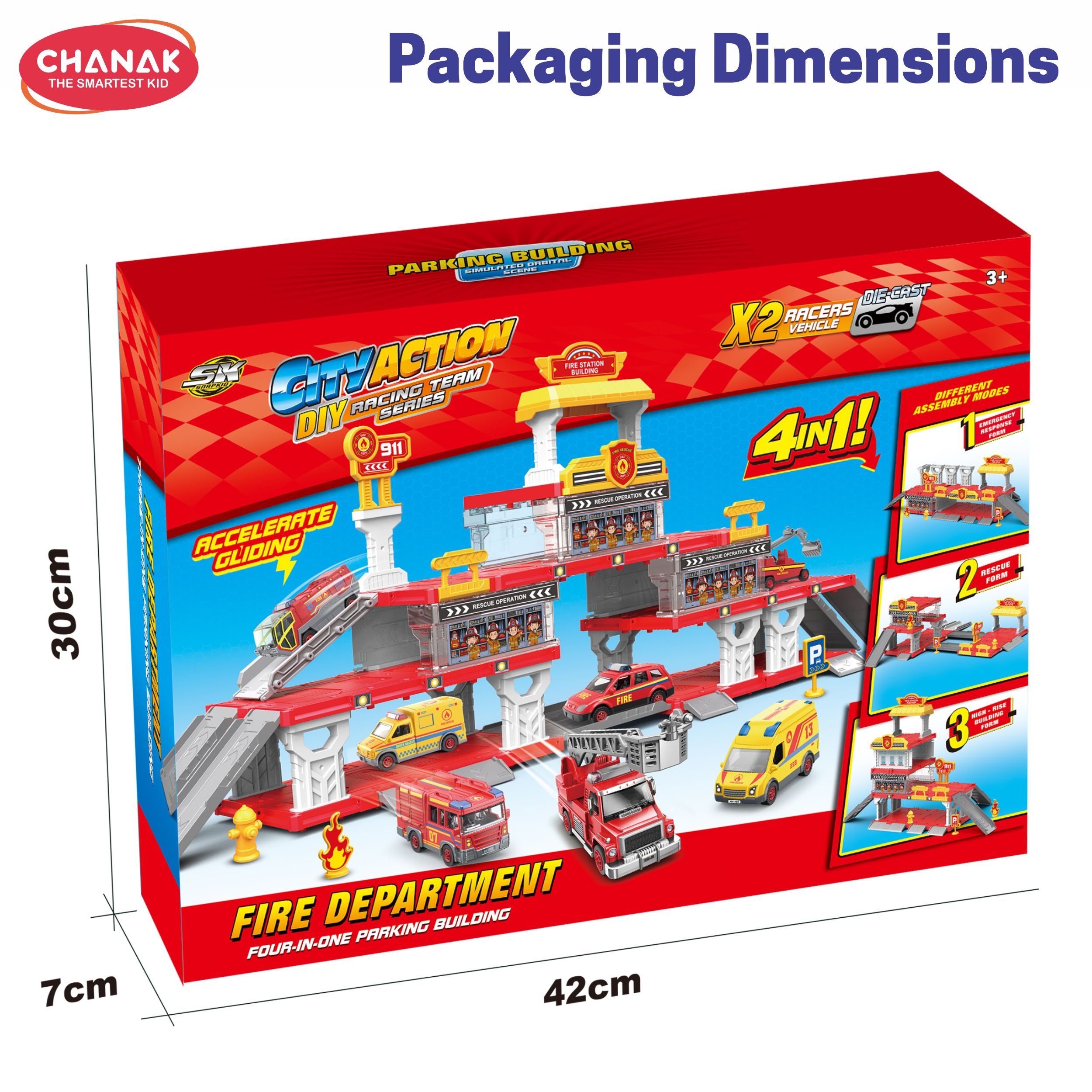 Chanak Fire Department 4-In-1 Parking Building Playset For Kids | Multi-Level Fire Station With Sliding Ramps, 2 Die-Cast Vehicles & Rescue Accessories | Easy Assembly | Educational Toy For Boys & Girls