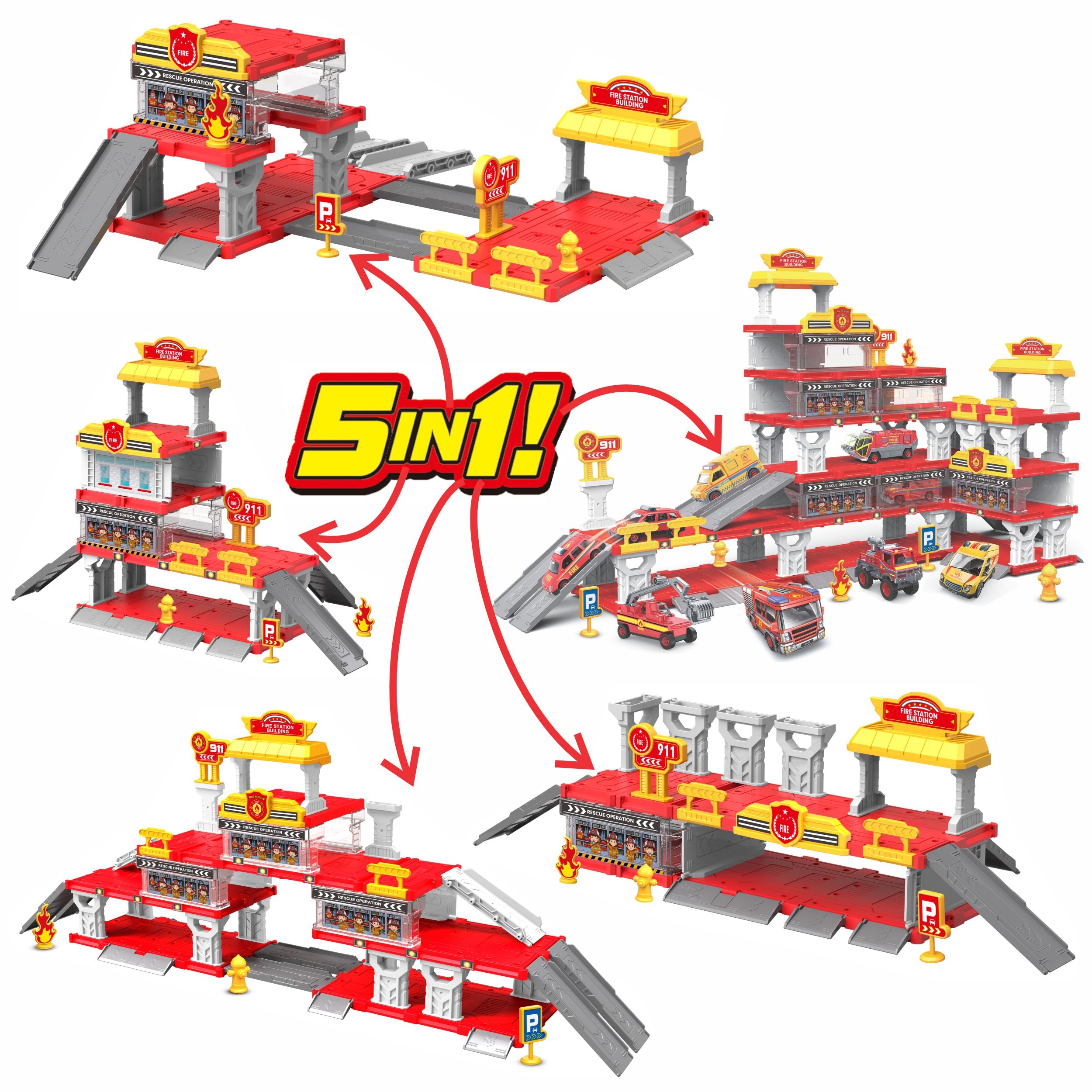 Chanak Fire Department 5-In-1 Parking Building Playset | Diy Rescue Station With Sliding Ramps, Multi-Level Garage & Die-Cast Vehicles | Emergency Rescue Playset For Boys & Girls (Age 3+)