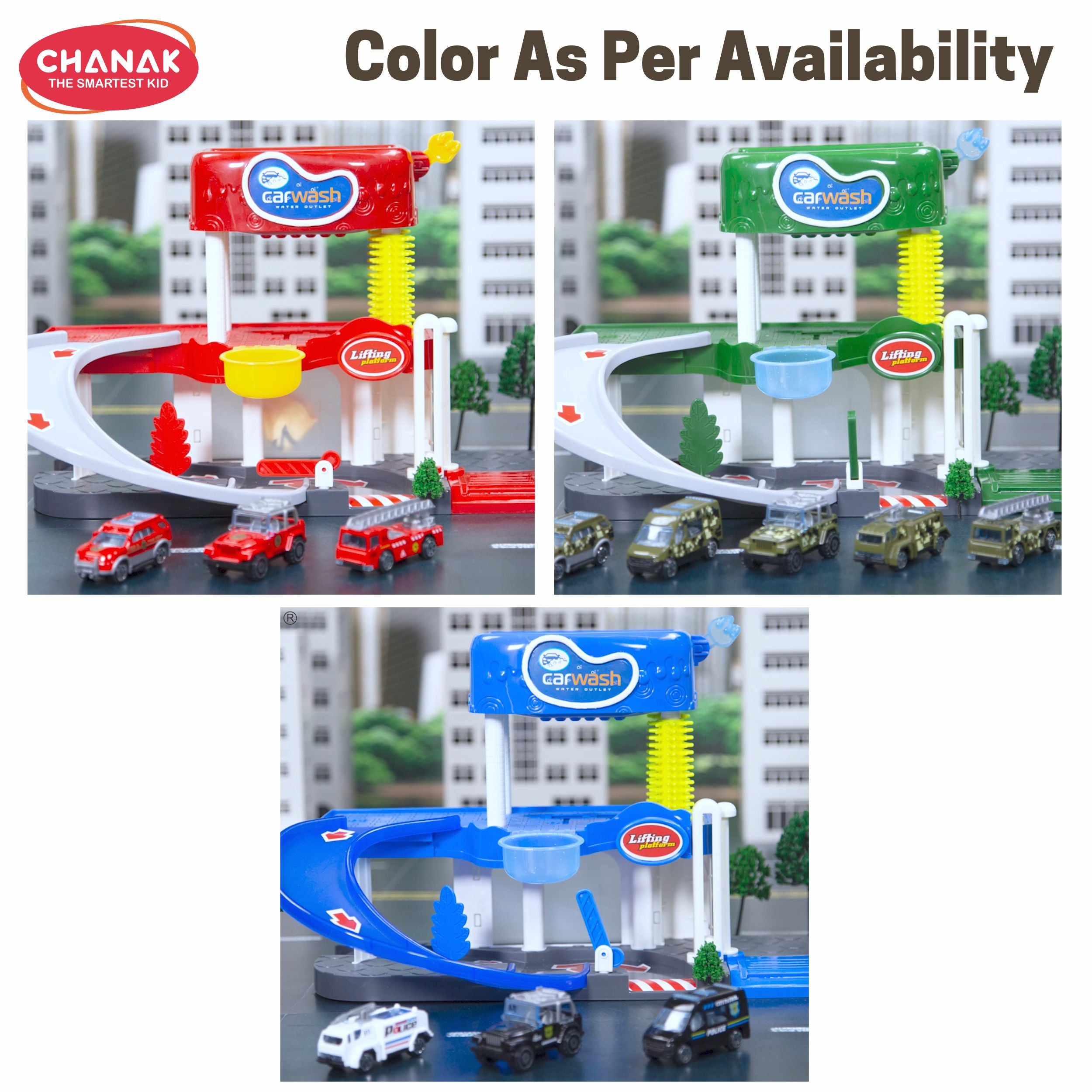 Chanak Fire Truck Car Wash Playset For Kids | 2-Layer Sliding Track With Lights, Music & Sound | Simulated Water Wash, Lifting Platform & Alloy Die-Cast Vehicles | Educational Toy For Boys & Girls (Ages 3+)