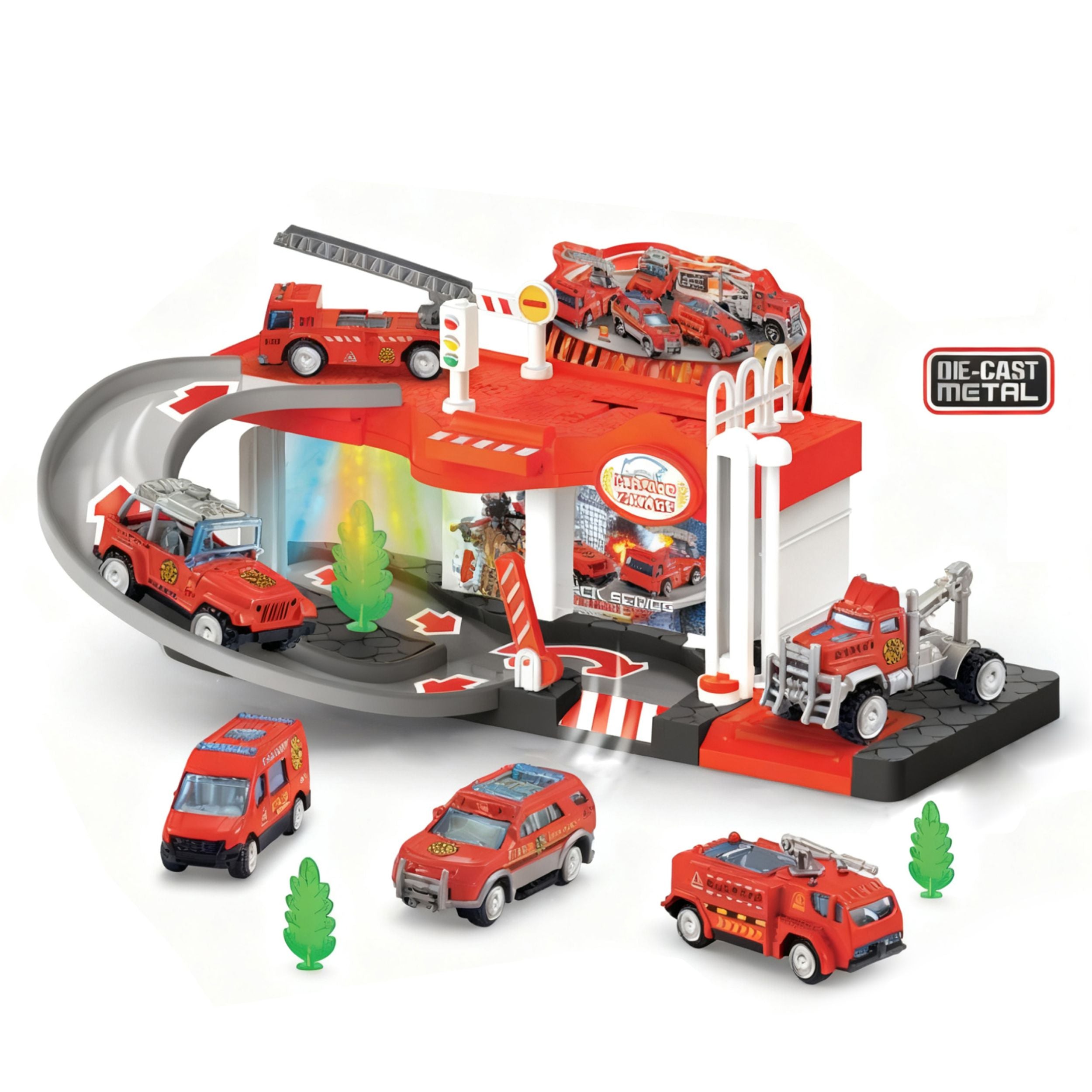 Chanak Alloy Fire Protection Two-Story Parking Lot Playset For Kids | 2-Layer Fire Rescue Garage With Sliding Track, Sound & Lights | Includes Die-Cast Fire Trucks