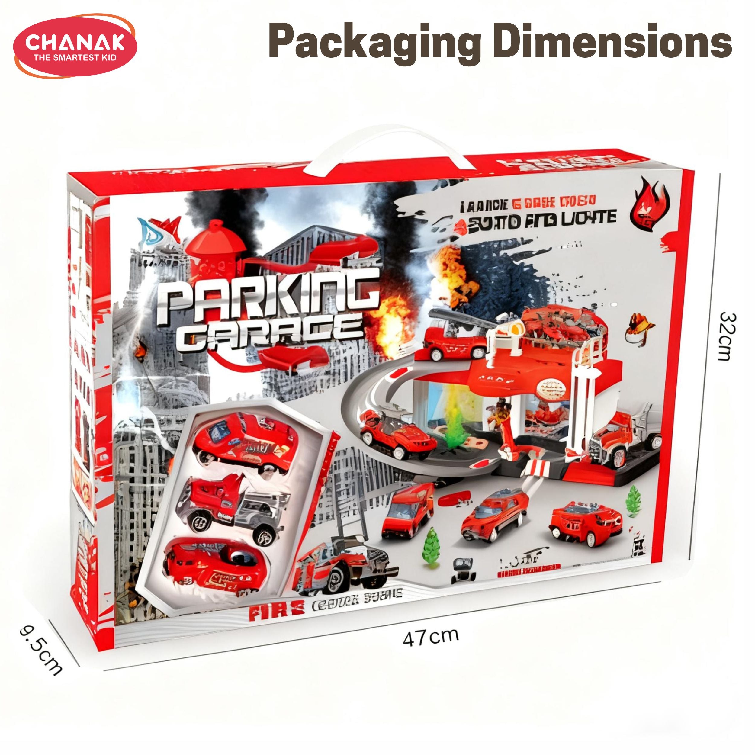 Chanak Alloy Fire Protection Two-Story Parking Lot Playset For Kids | 2-Layer Fire Rescue Garage With Sliding Track, Sound & Lights | Includes Die-Cast Fire Trucks