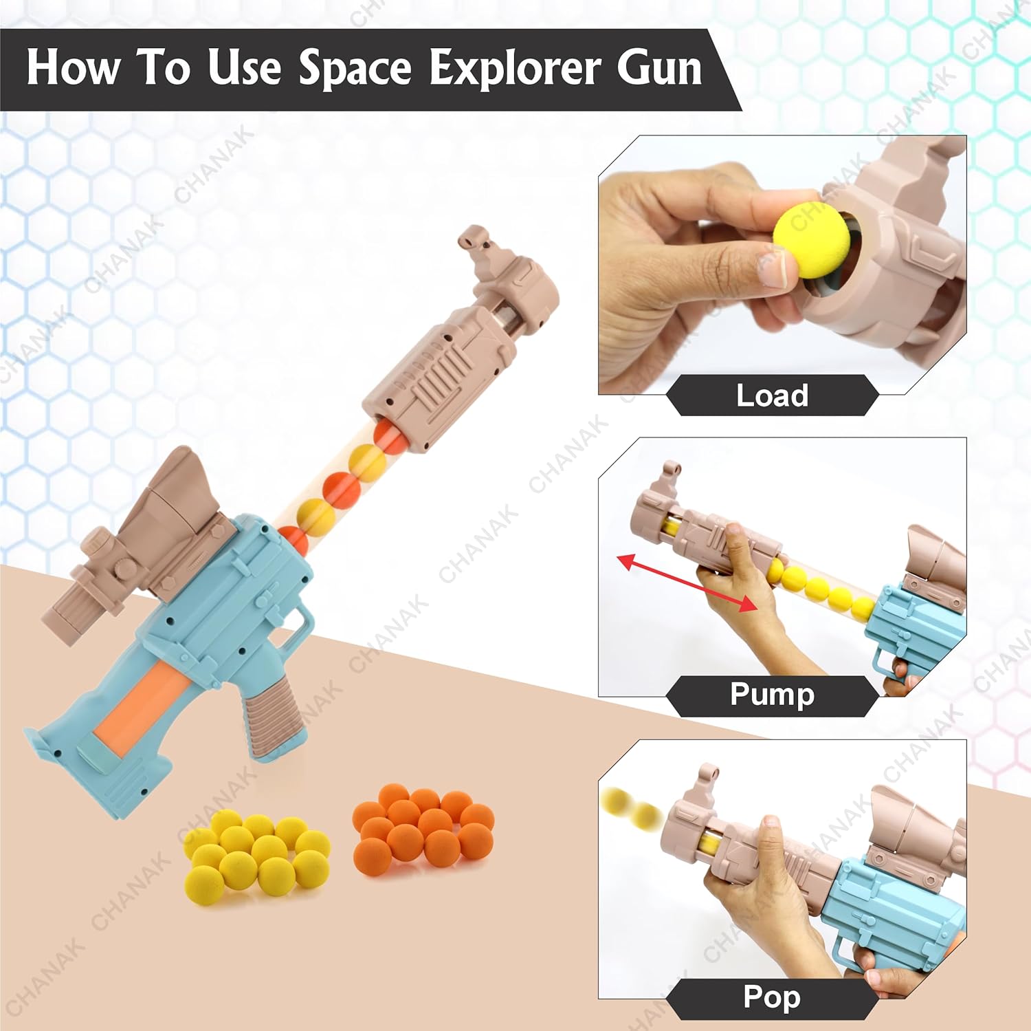 Chanak Space Explorer Pneumatic Gun Include 12 Orange & 12 Yellow Soft Foam Ball, for Indoor Outdoor Use Safe For Boys Girls, Above 5+ Age, BIS Approved. (Brown)