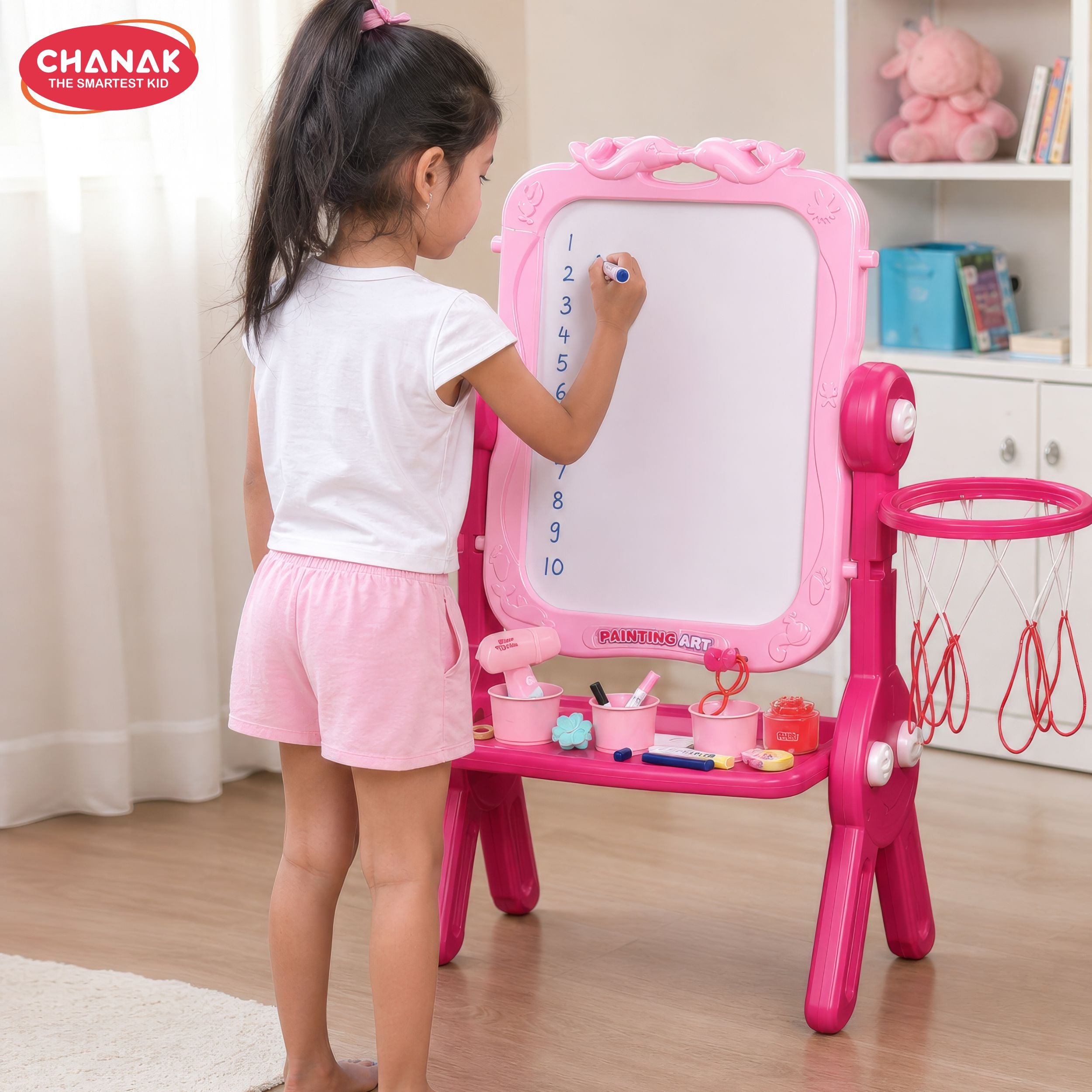 Chanak 4 in 1 vertical a shaped makeup desk with writing board & multiple games for kids, double-sided magnetic whiteboard & chalkboard with chair