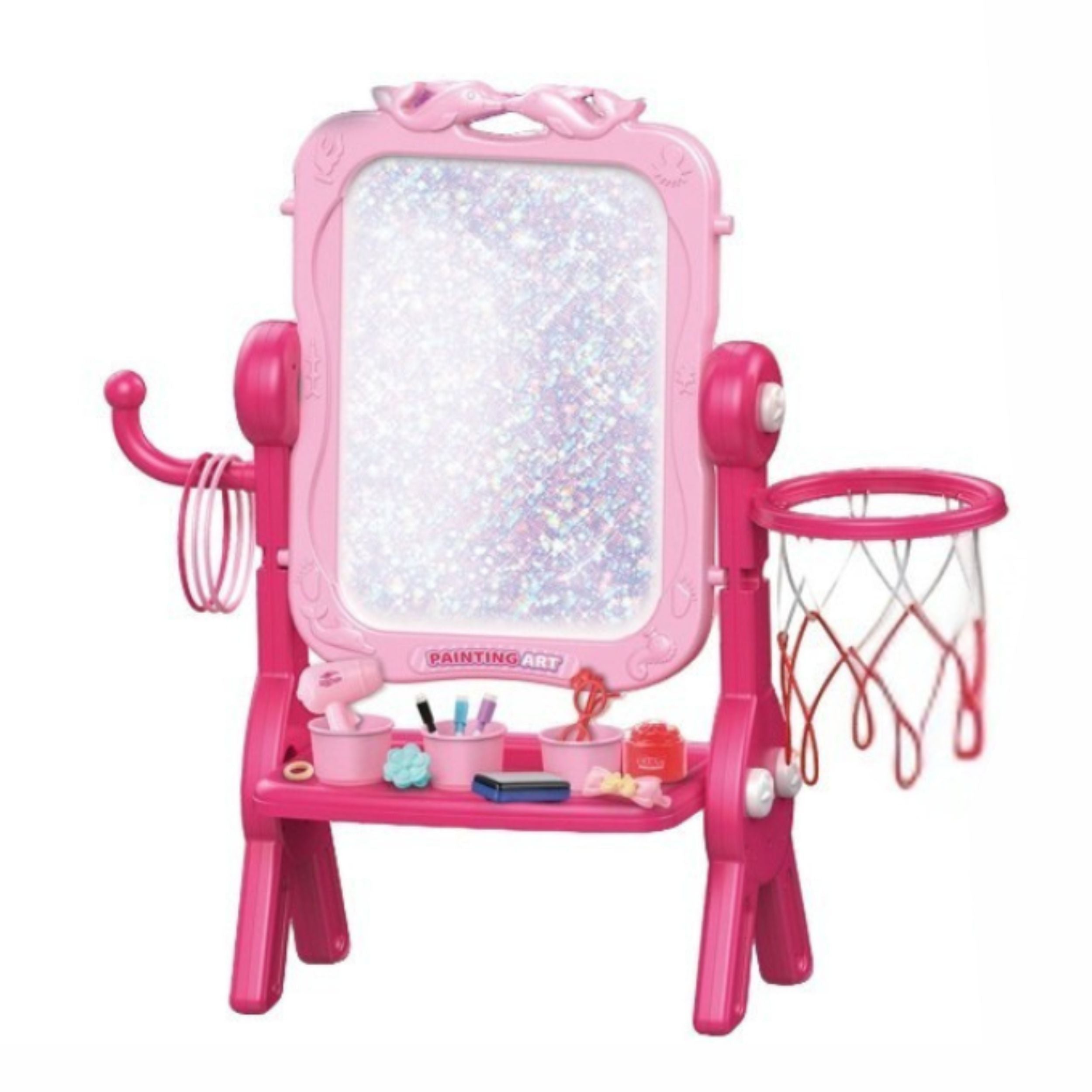 Chanak Vertical A-Shaped Stand Makeup Desk Writing Board For Kids | 4-In-1 Double-Sided Magnetic Whiteboard & Chalkboard Set With Chair & Storage Tray