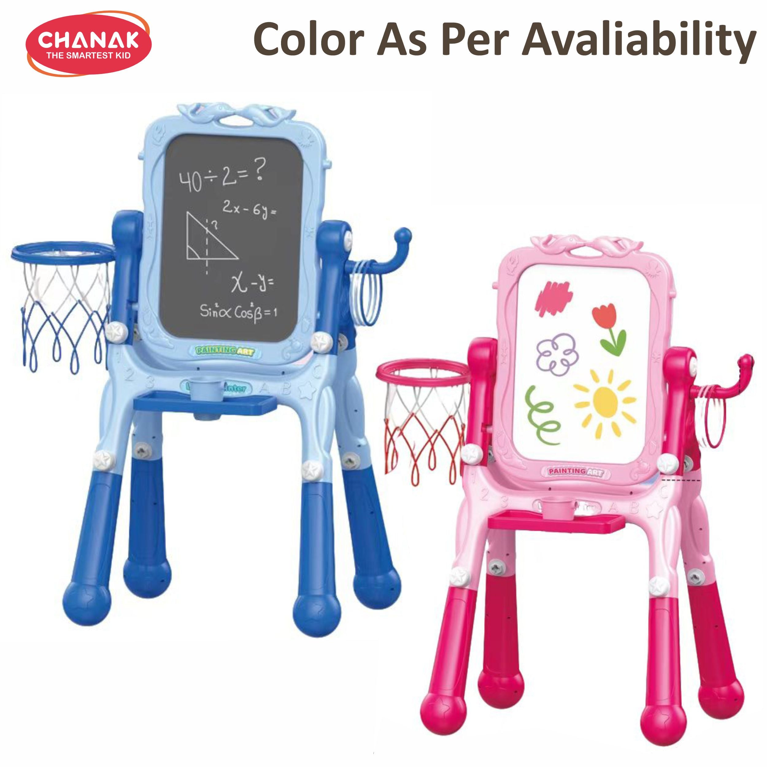 Chanak Upright Long-Legged Double-Sided Writing Board With Chair For Kids | 4-In-1 Magnetic Whiteboard & Chalkboard Set | Foldable Easel Stand With Storage Tray | (Color As Per Availability)