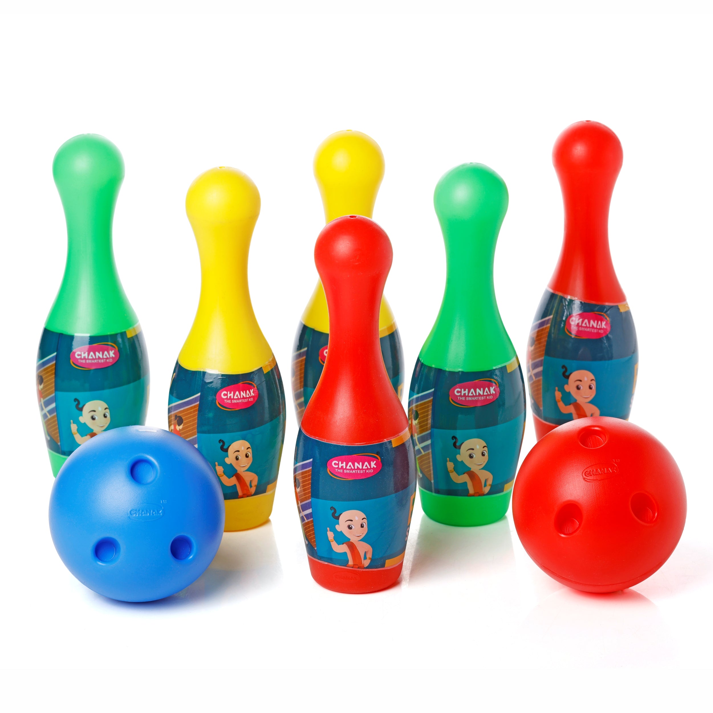 Chanak Plastic bowling game set with 6 pin and 2 ball, multicolor bowling set for indoor & outdoor play, non-toxic bowling game, suitable for kids above 3 years (box pack)