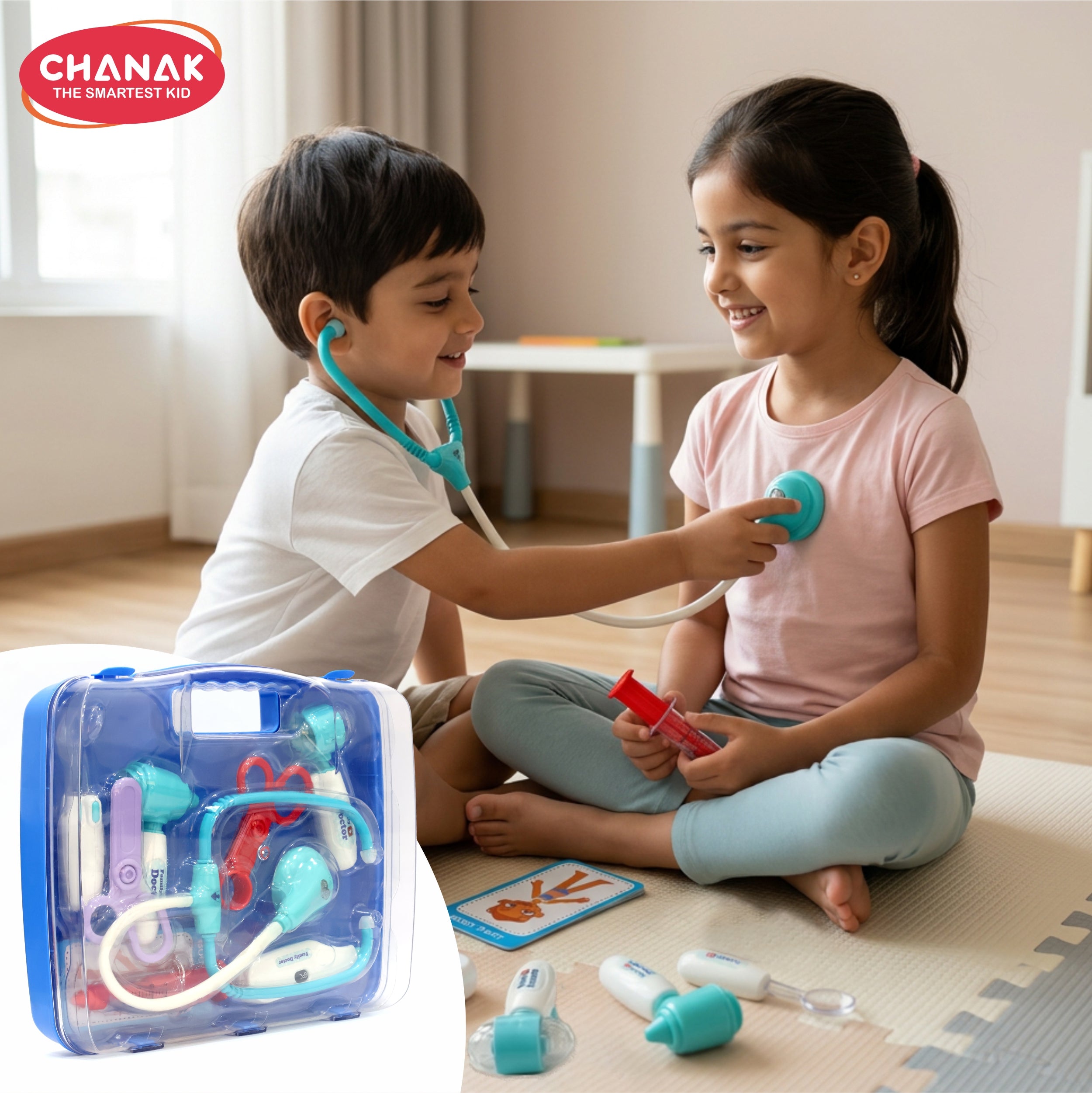 Chanak Premium doctor set briefcase for kids, doctor set with led light instruments, pretend play doctor set for kids above 3 years, 9 piece doctor kit for boys & girls, (transparent briefcase blue instruments)