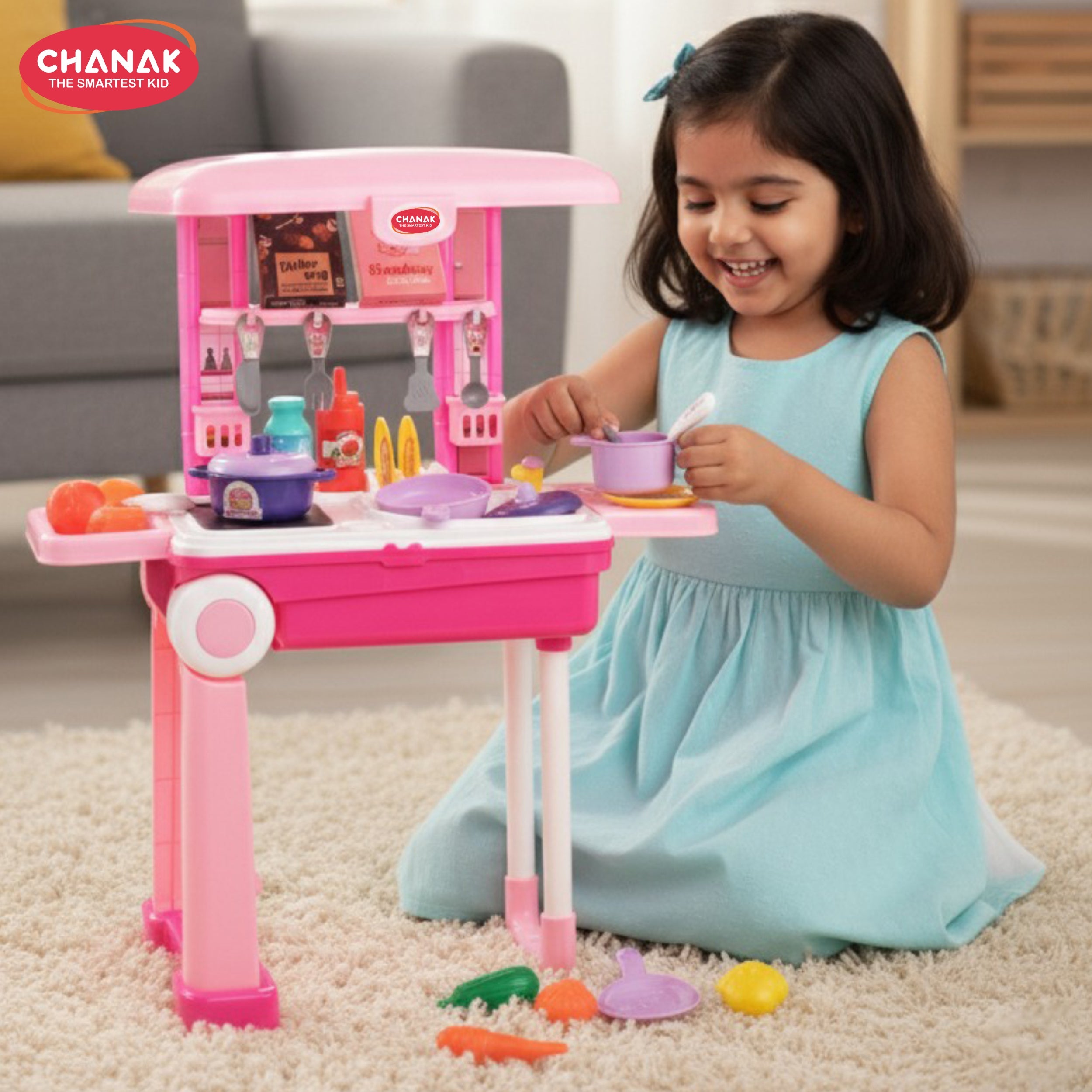 Chanak Kitchen set for girls, kitchen suitcase set on wheels, colorful pretend play cooking set for girls with 24 pieces, portable kitchen set for 3 years, (kitchen set trolley)