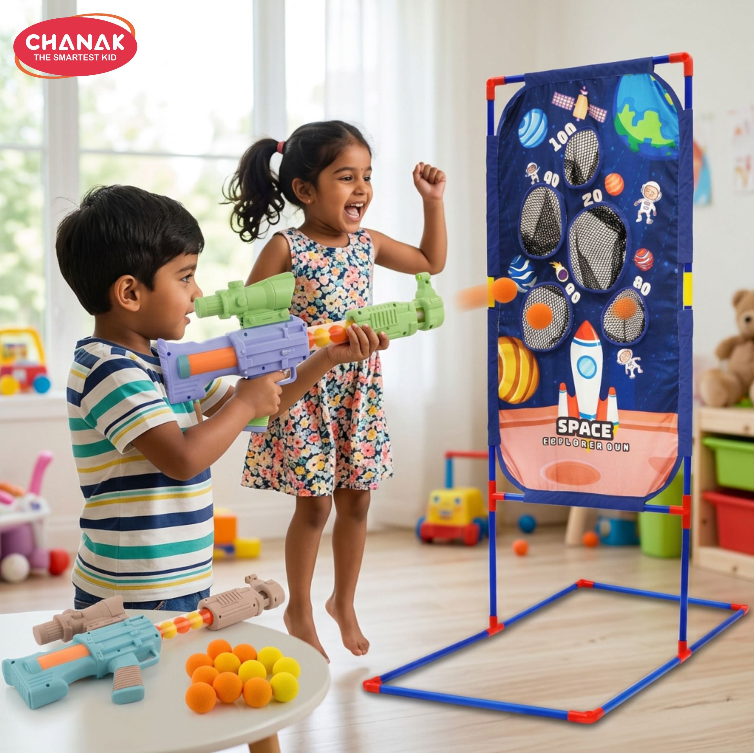 Chanak Space explorer pack of 2 pneumatic gun toy with scoring net stand include 24 orange & 24 yellow soft foam ball, for indoor outdoor use safe for boys girls, above 5+ age, (color as per availability)
