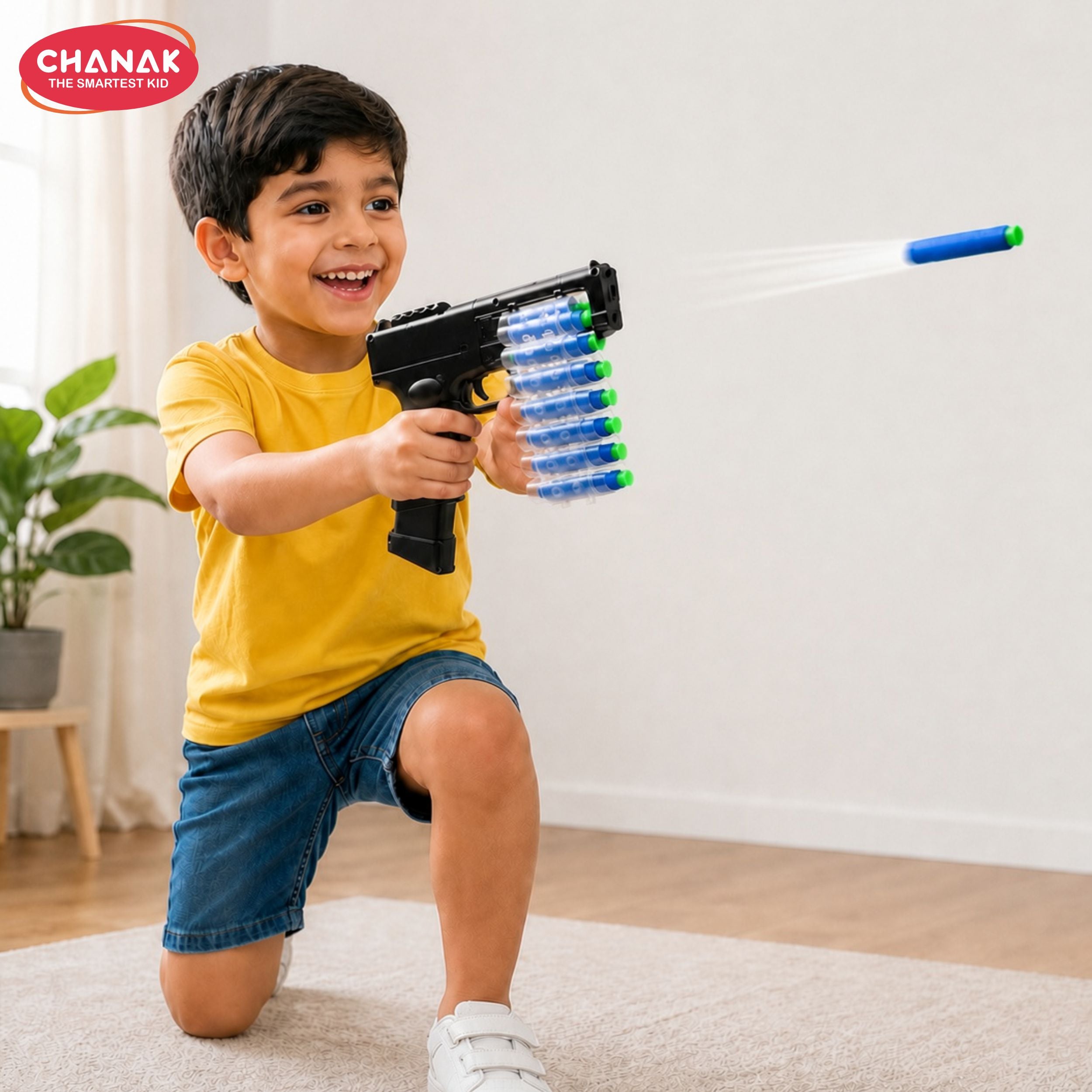 Chanak Automatic 30 rapid fire black commando dart gun, include 30 soft suction foam bullets with 20 bullet strips, rechargeable gun for kids, with carrying briefcase boys & girls above 3 years.