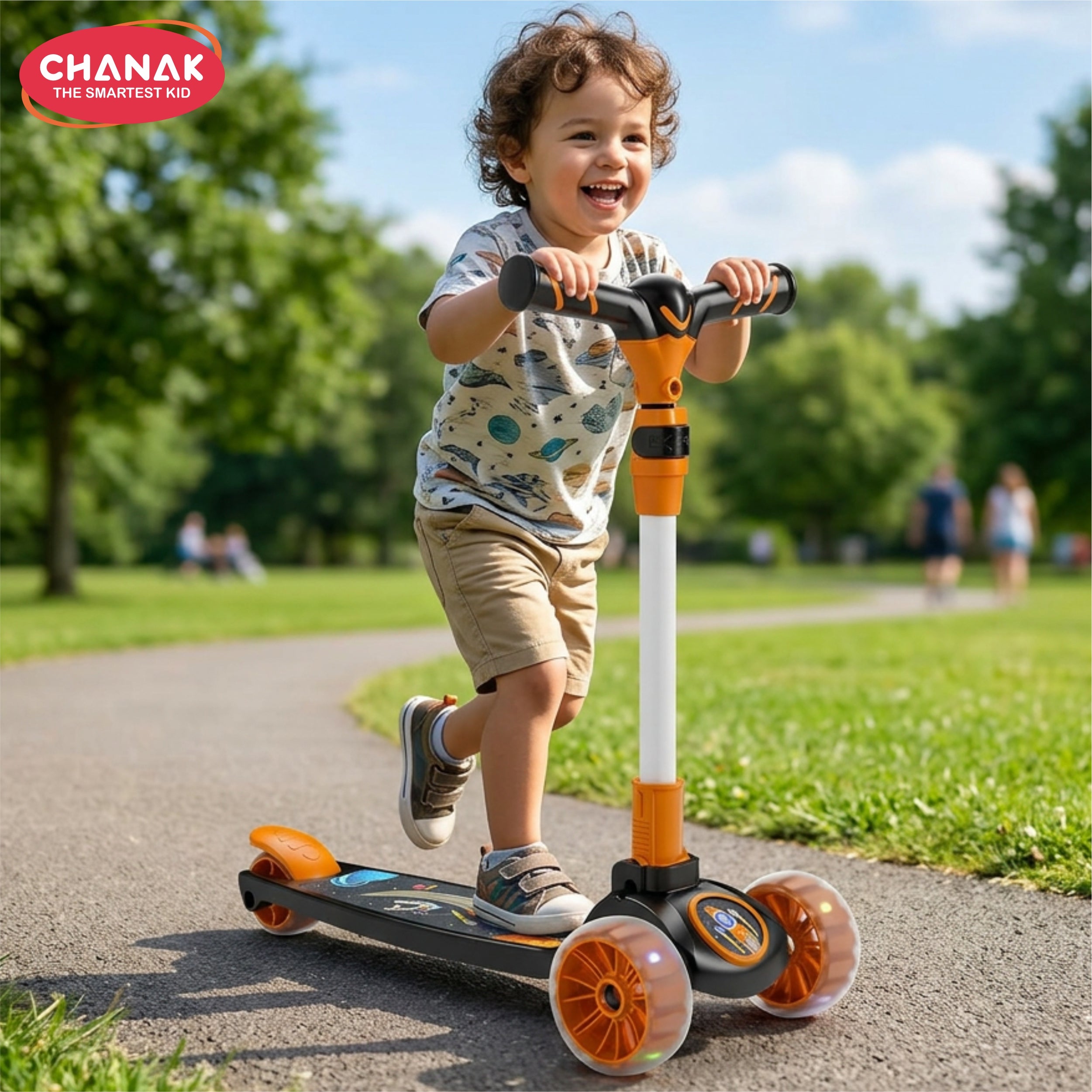 Chanak Go rider kick scooter for kids led light 3 wheel foldable scooter with rear break 4 height adjustable with lock for boy & girl 5+ age kids scooter