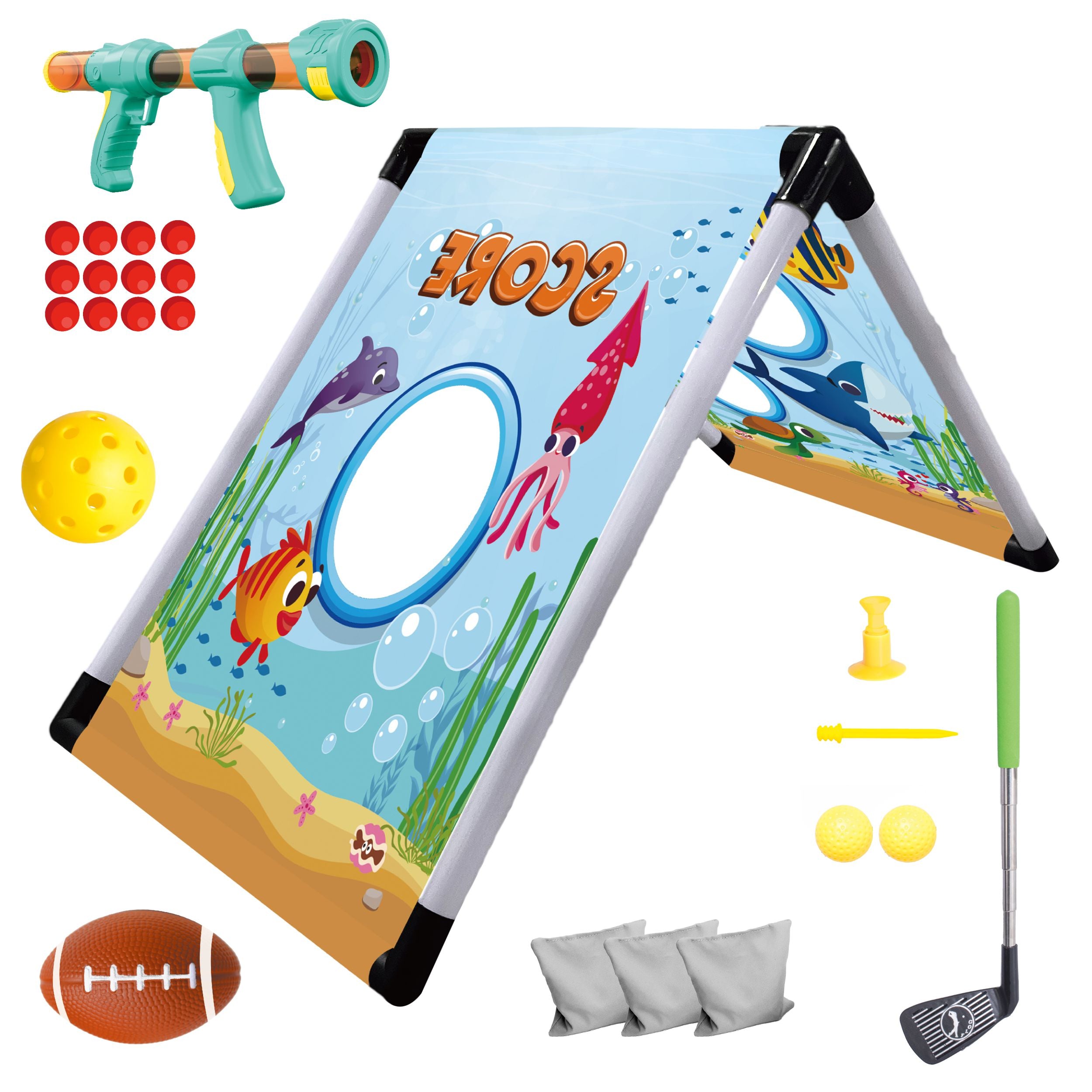 Chanak 5-In-1 Games Throwing Set For Kids | Includes Cannon Gun, Rugby, Golf, And Target Toss | Indoor & Outdoor Sports Play Set
