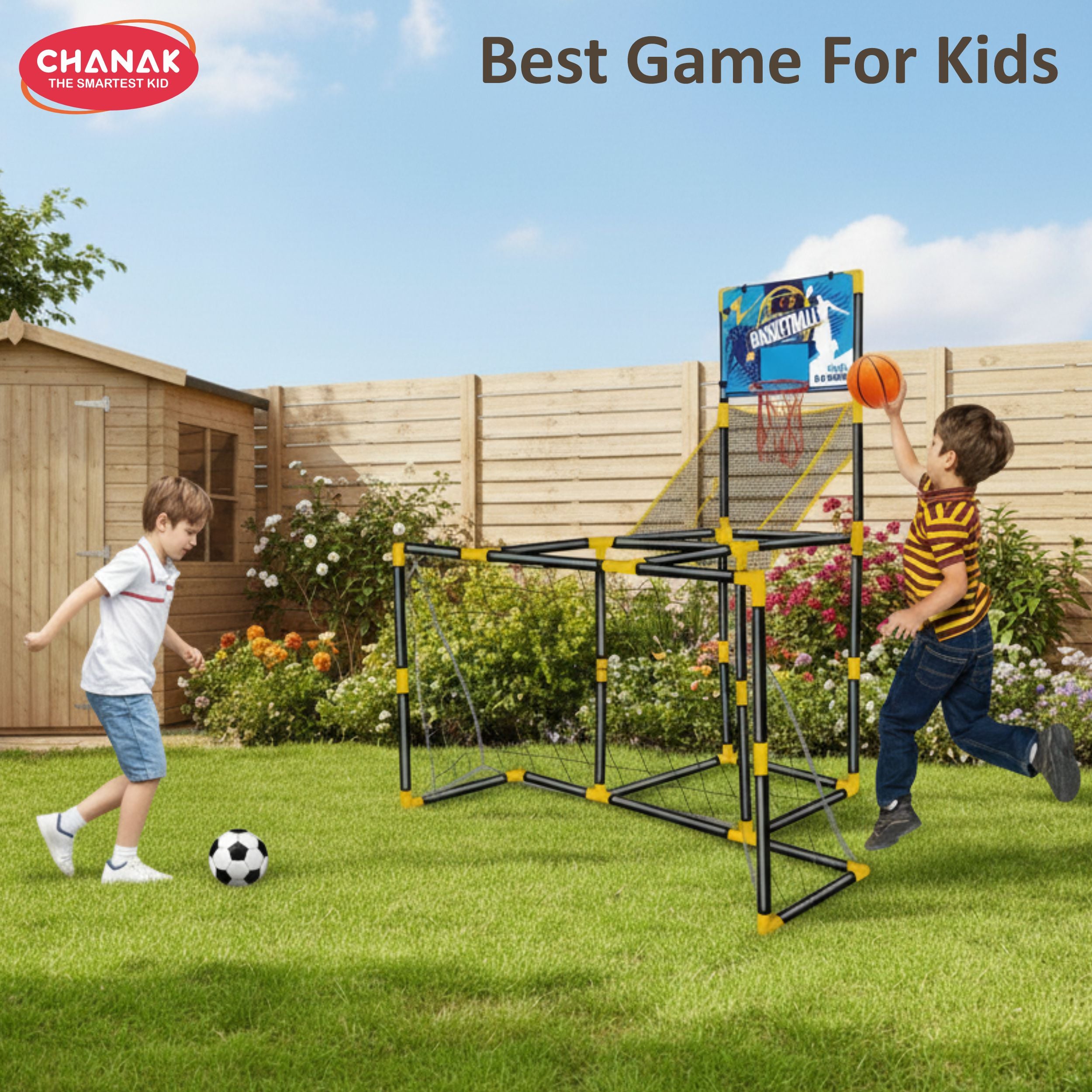 Chanak 2 in 1 basketball & football game set for kids indoor & outdoor sports playset with hoop, goal post, ball pump, football & basketball boys & ...