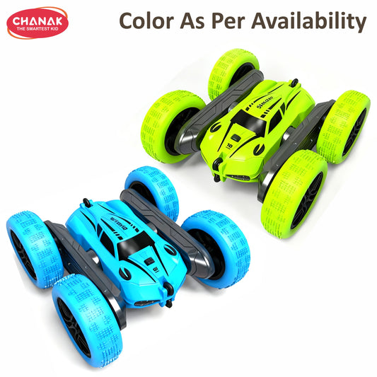 Chanak 360° rotating rc stunt car 4wd double-sided remote car with 2 motors, led lights, 2.4Ghz control & rechargeable battery. High-speed durable toy for kids age 6+ (color as per availability)