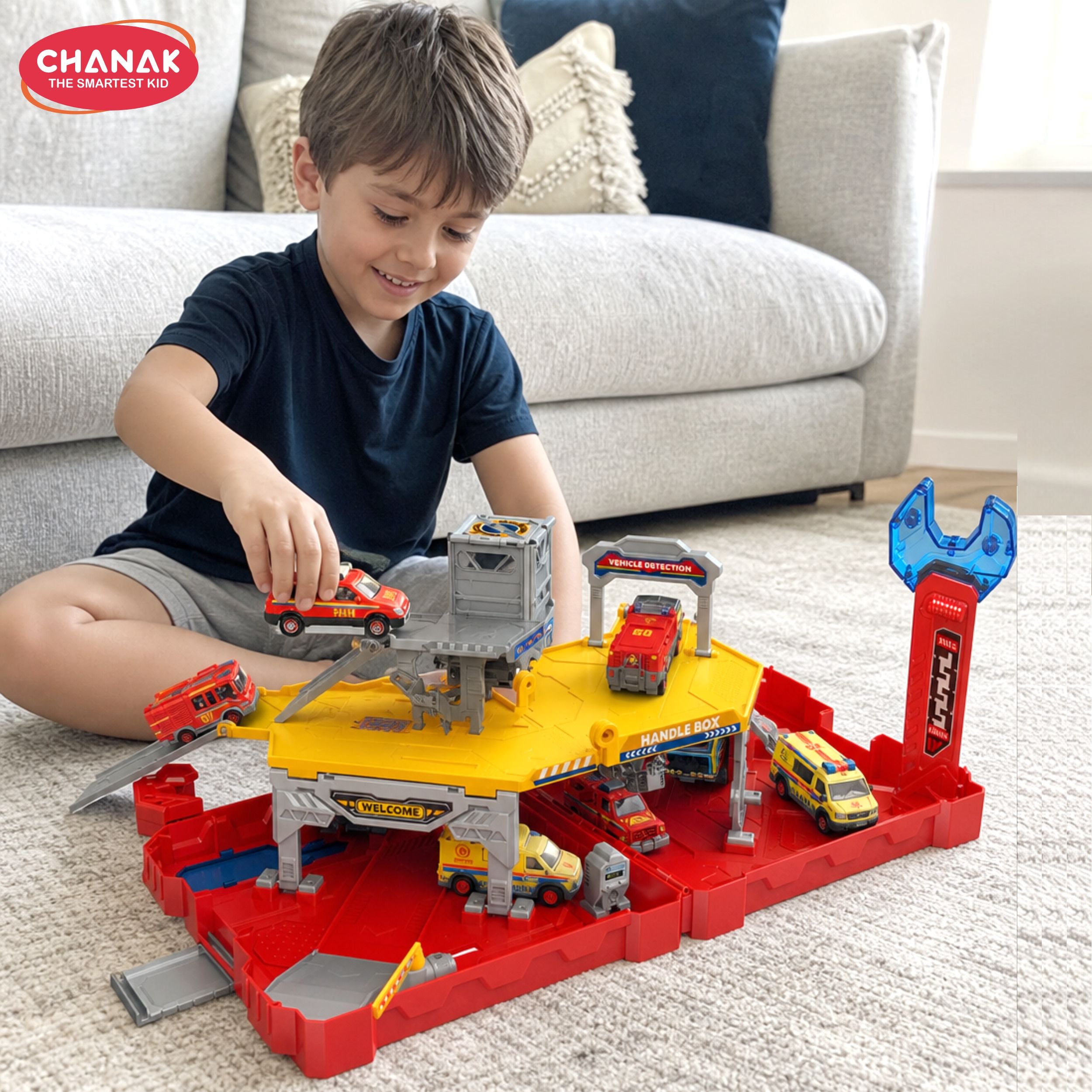 Chanak city action diy racing team toolbox trans shape playset with lights & sounds foldable suitcase garage with die-cast cars, ramp & catapult launcher for kids 3+ years