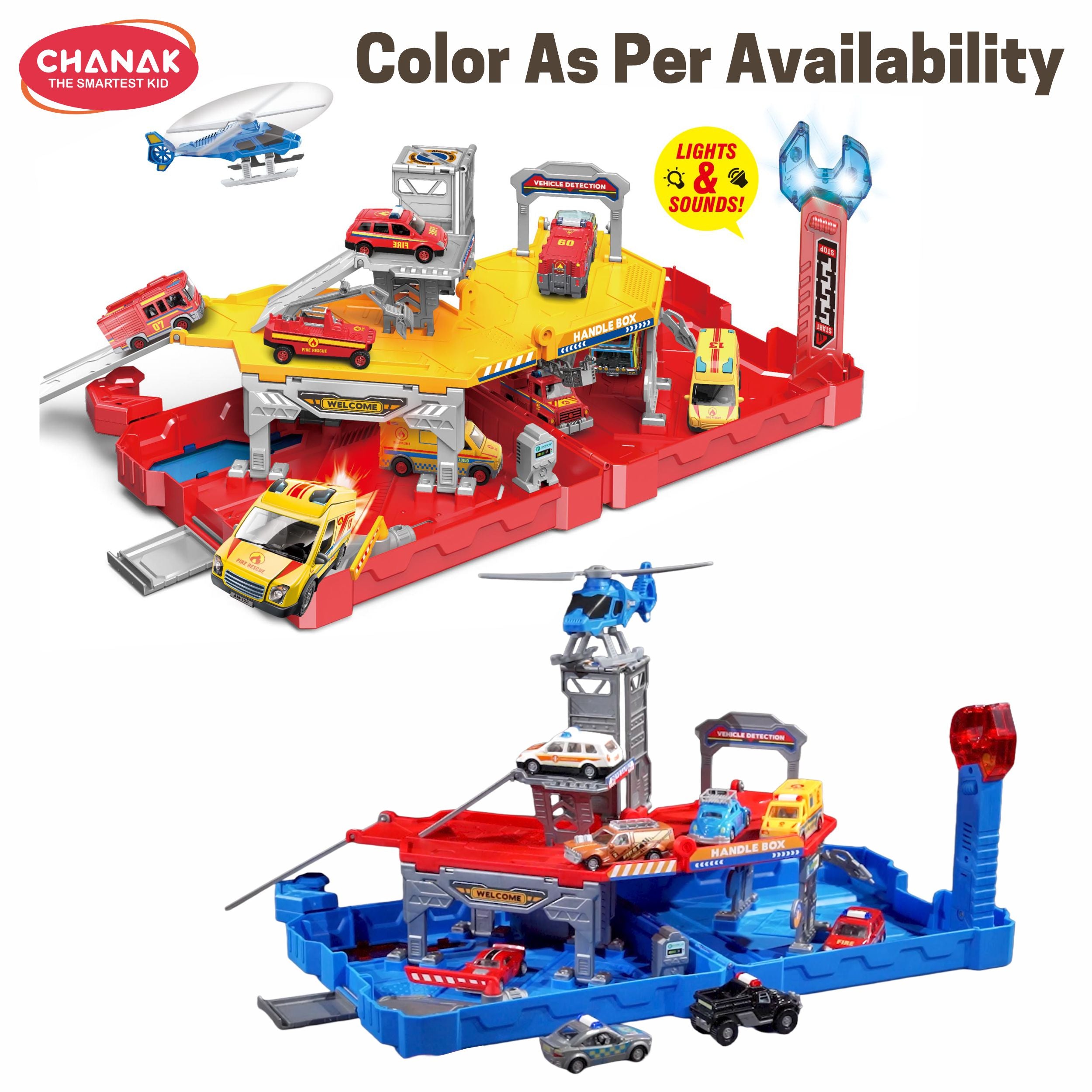 Chanak City Action Diy Racing Team Toolbox Transshape Playset With Lights & Sounds | Foldable Suitcase Garage With Die-Cast Cars, Ramp & Catapult Launcher For Kids 3+ Years