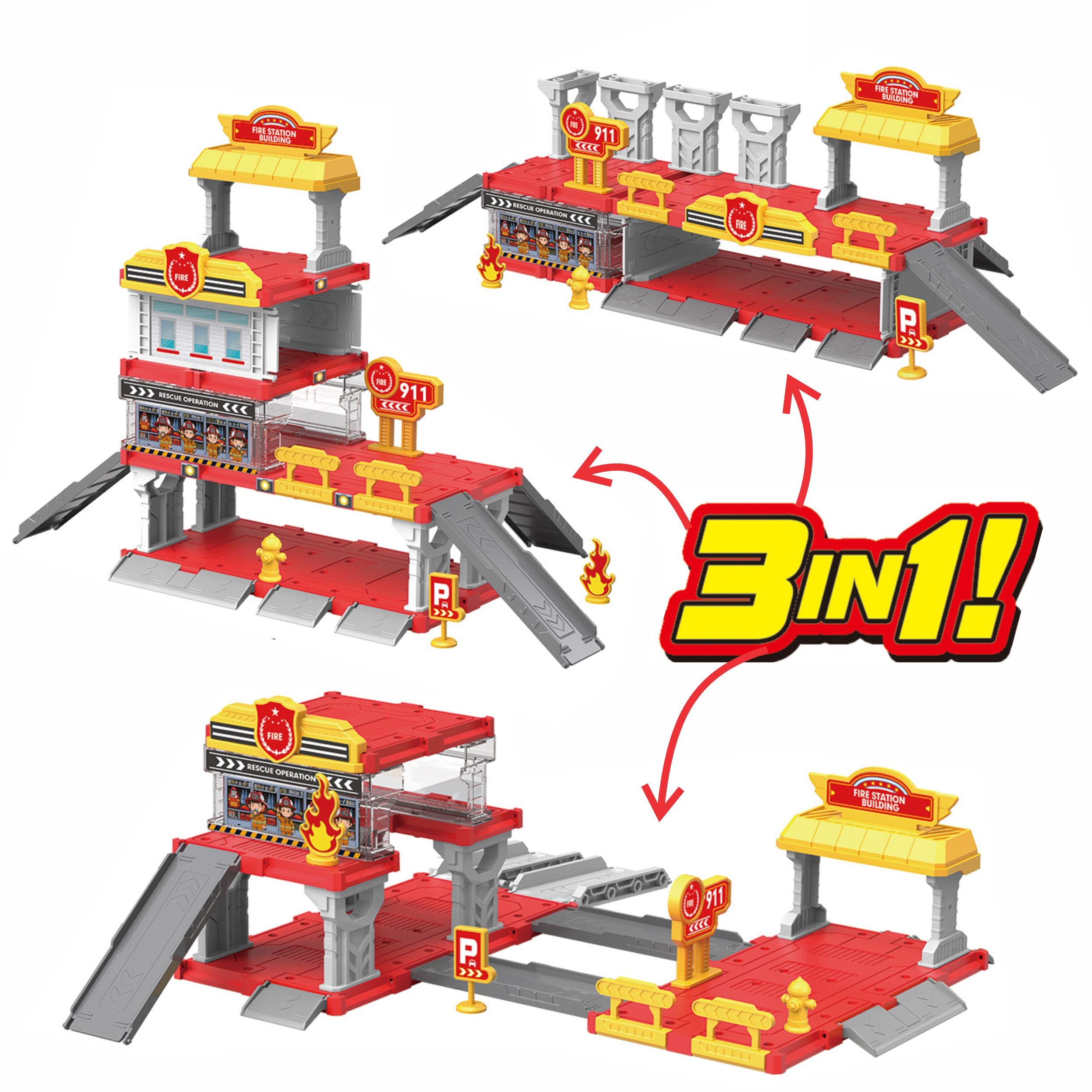 Chanak Fire Department 3-In-1 Parking Building Playset For Kids | Multi-Level Fire Station With Sliding Ramp, Die-Cast Fire Truck, And Rescue Accessories | Easy Assembly | Educational Toy For Boys & Girls