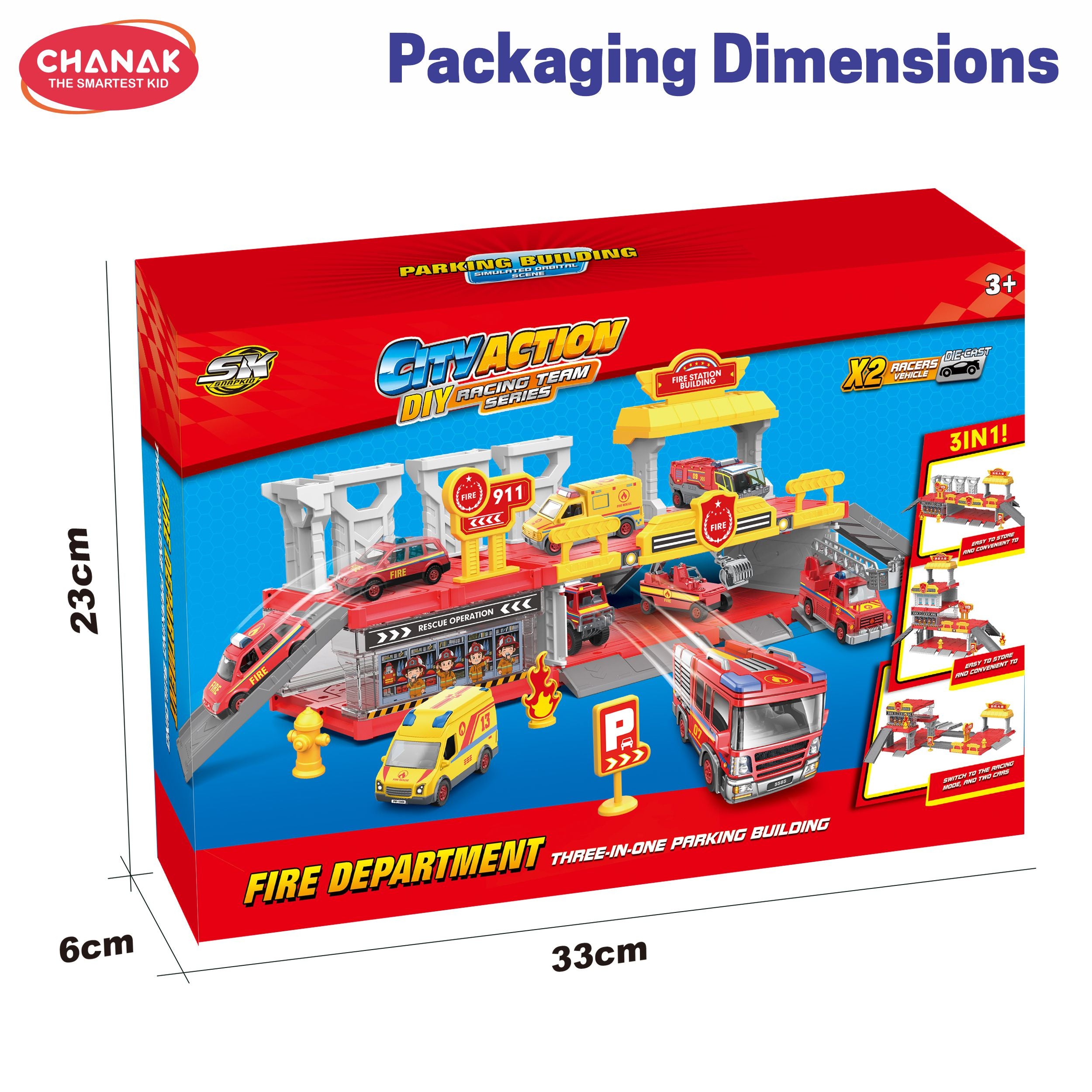 Chanak Fire Department 3-In-1 Parking Building Playset For Kids | Multi-Level Fire Station With Sliding Ramp, Die-Cast Fire Truck, And Rescue Accessories | Easy Assembly | Educational Toy For Boys & Girls