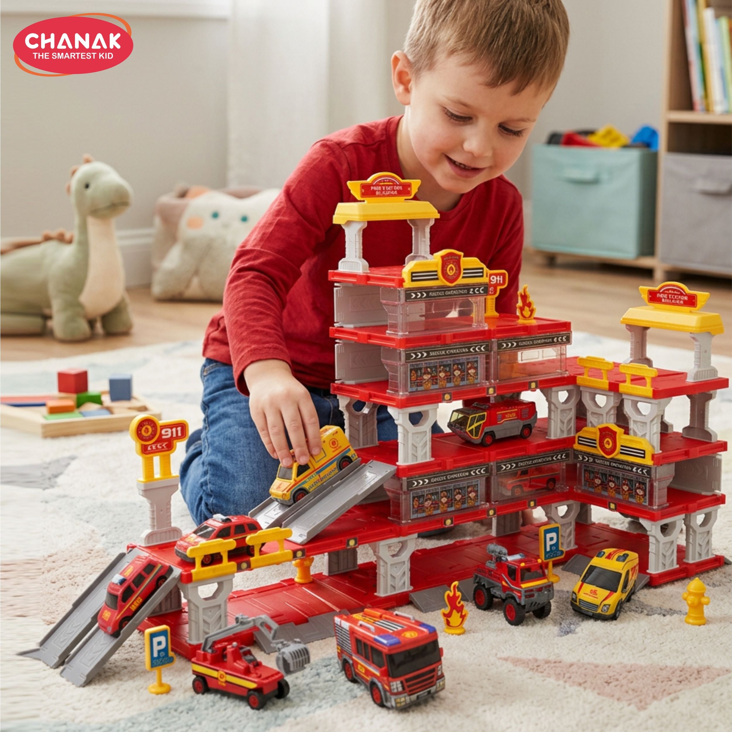 Chanak fire department 5 in 1 parking building playset diy rescue station with sliding ramps, multi-level garage & die cast vehicles emergency rescue playset for boys & girls age 3+