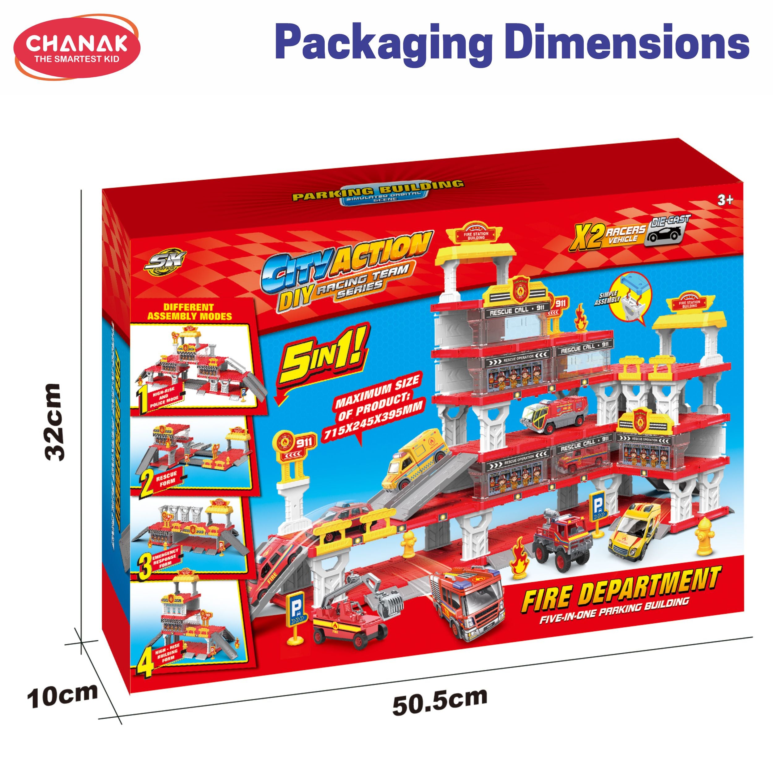 Chanak Fire Department 5-In-1 Parking Building Playset | Diy Rescue Station With Sliding Ramps, Multi-Level Garage & Die-Cast Vehicles | Emergency Rescue Playset For Boys & Girls (Age 3+)
