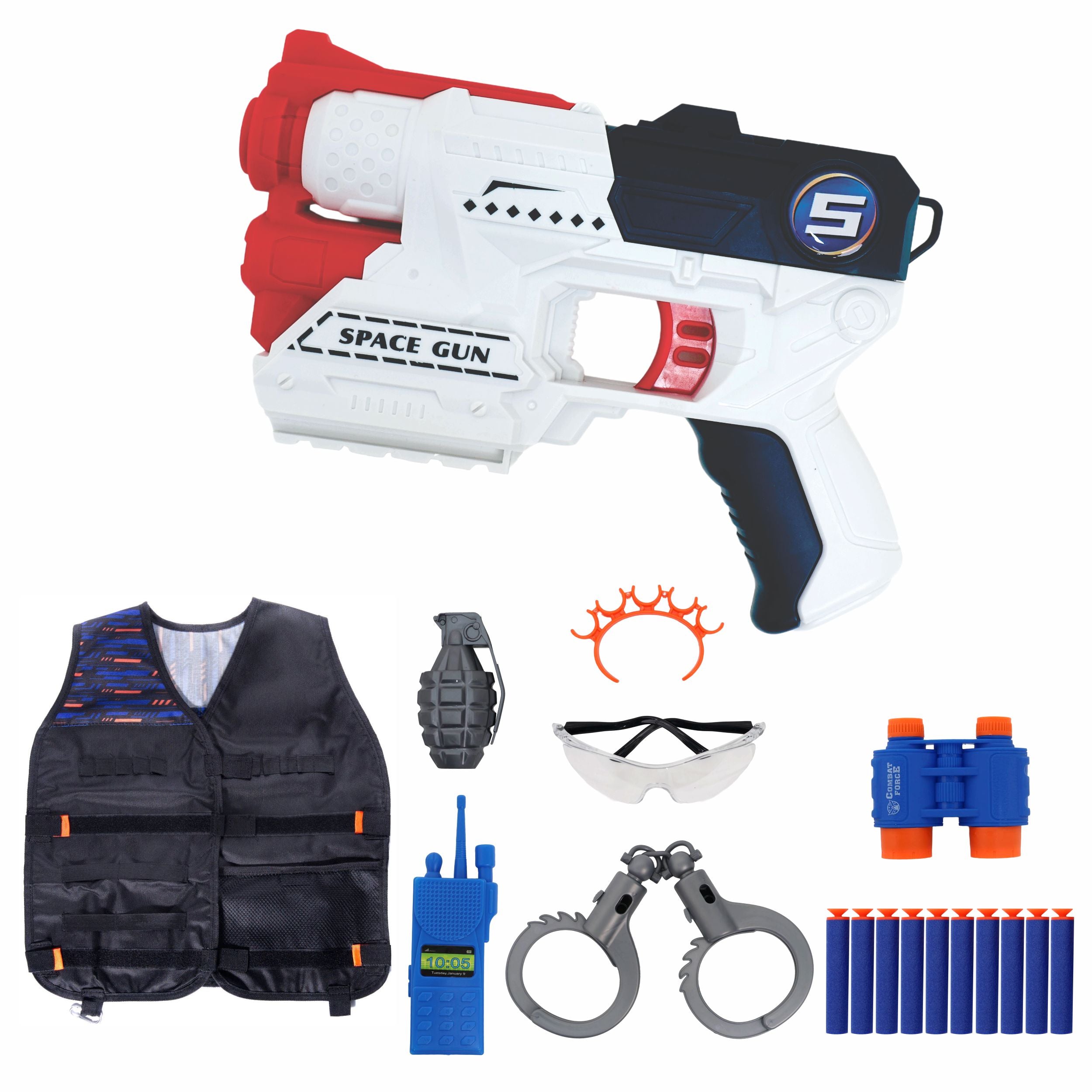 Chanak Power Shoot Soft Foam Bullet Gun & Bulletproof Vest Set For Kids Soft Darts, Mask, Handcuffs, Walkie Talkie, Grenade & Binoculars Safe Outdoor Shooting Game Toy Set For Boys & Girls Age 6+