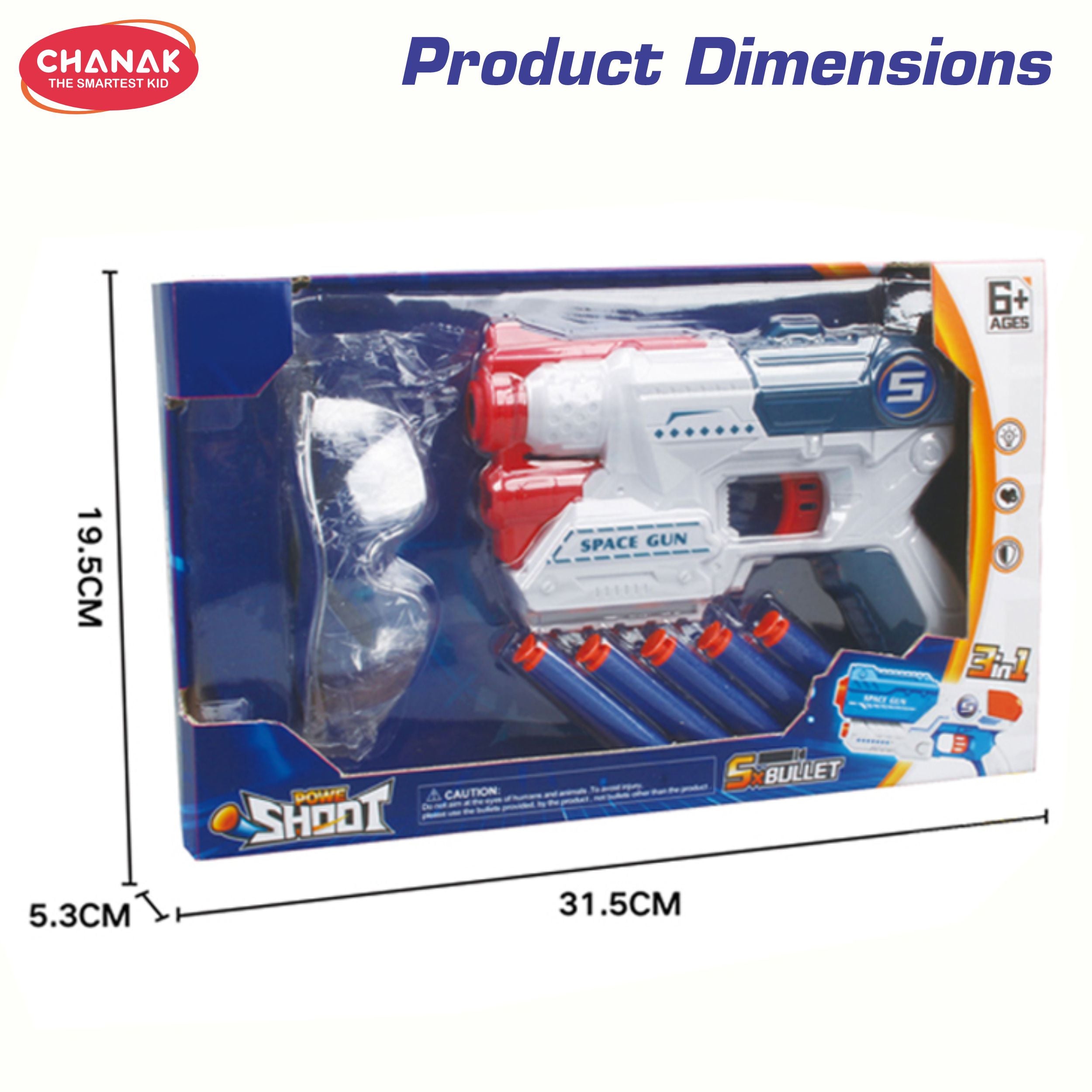 Chanak Power Shoot Space Gun Toy For Kids – Soft Bullet Blaster With 5 Foam Darts, Safety Goggles, 3-In-1 Functionality – Shooting Game Toy For Boys & Girls – Age 6+